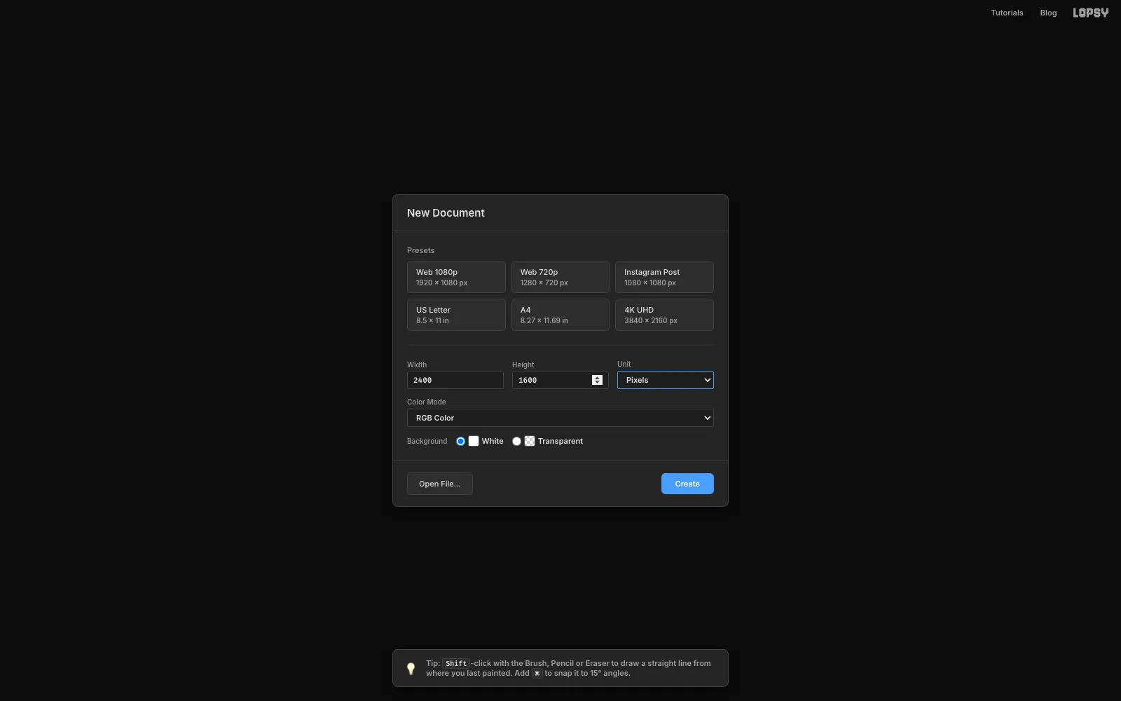 The Lopsy New Document dialog with Width 2400 and Height 1600 pixels and a White background selected