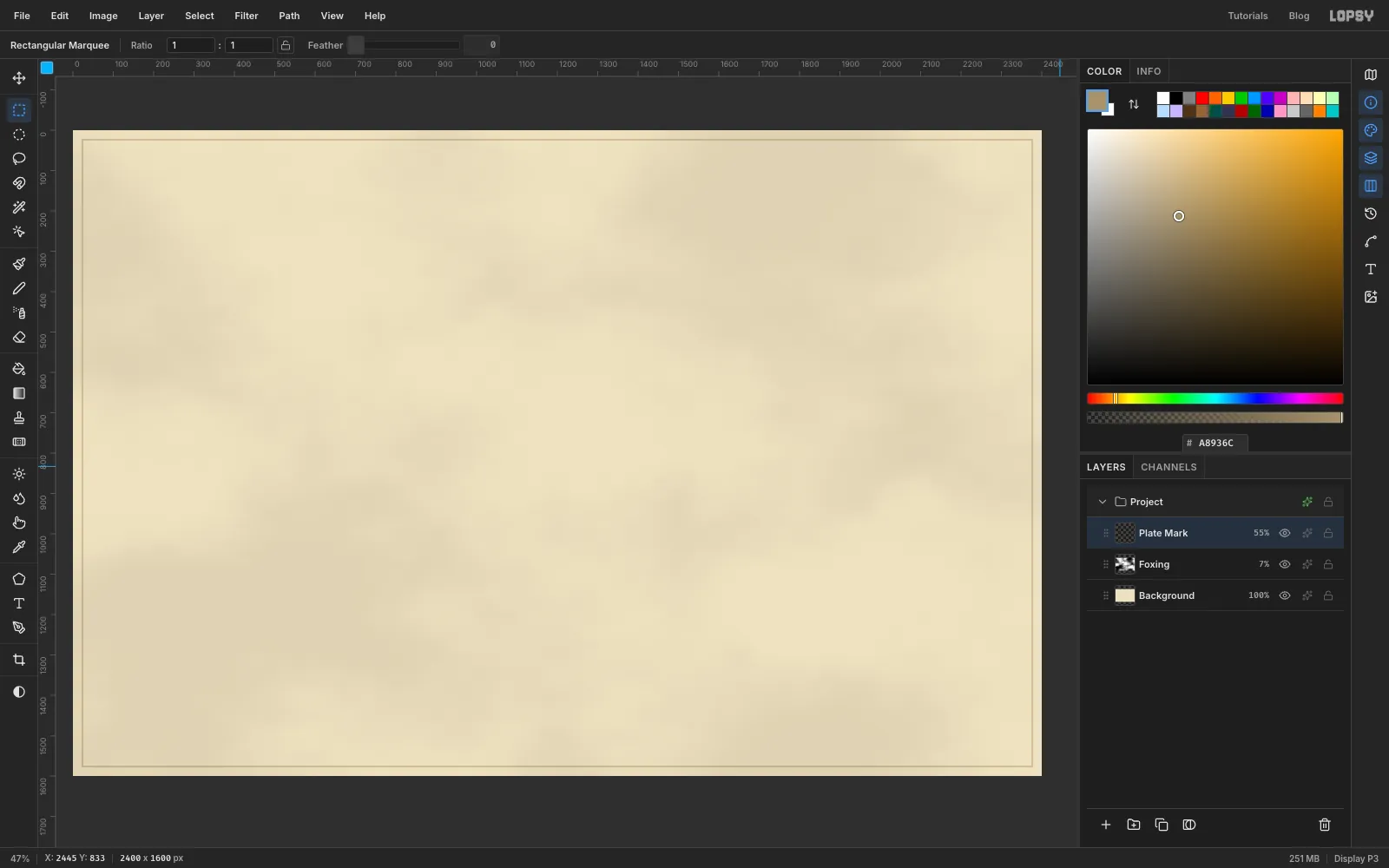 A cream canvas with faint cloudy foxing and a soft darker line just inside the canvas edge, like the impression left by a printing plate