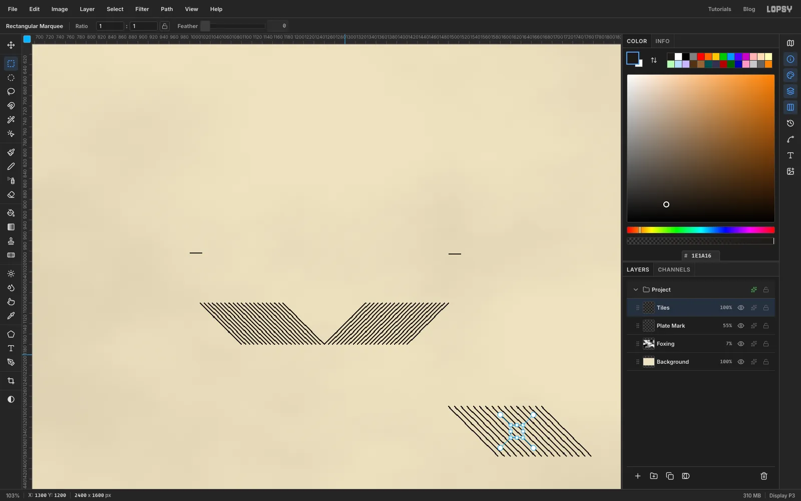 A zoomed view of a scratch layer with two short black rules and three blocks of fine parallel diagonal lines leaning both ways, with a small square marquee around part of the right-hand block