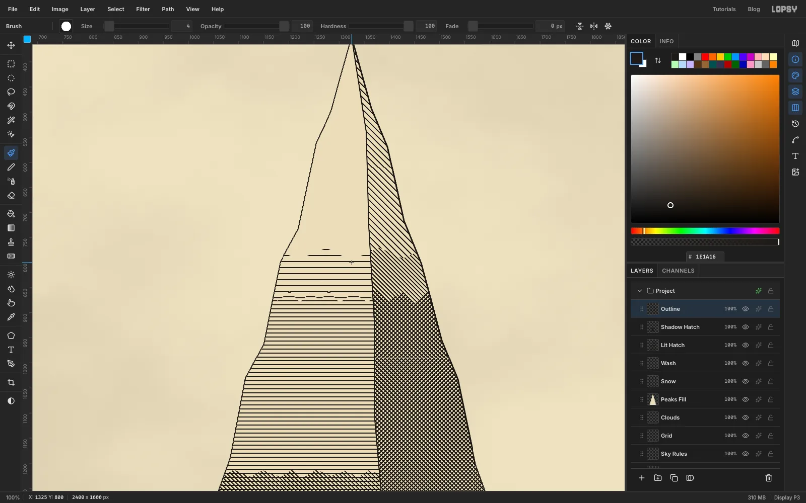 A close-up of the finished Everest: a thin outline on the lit left slope, a heavier line down the right slope, horizontal rules on the left and diagonal hatching on the right, becoming cross-hatching towards the bottom