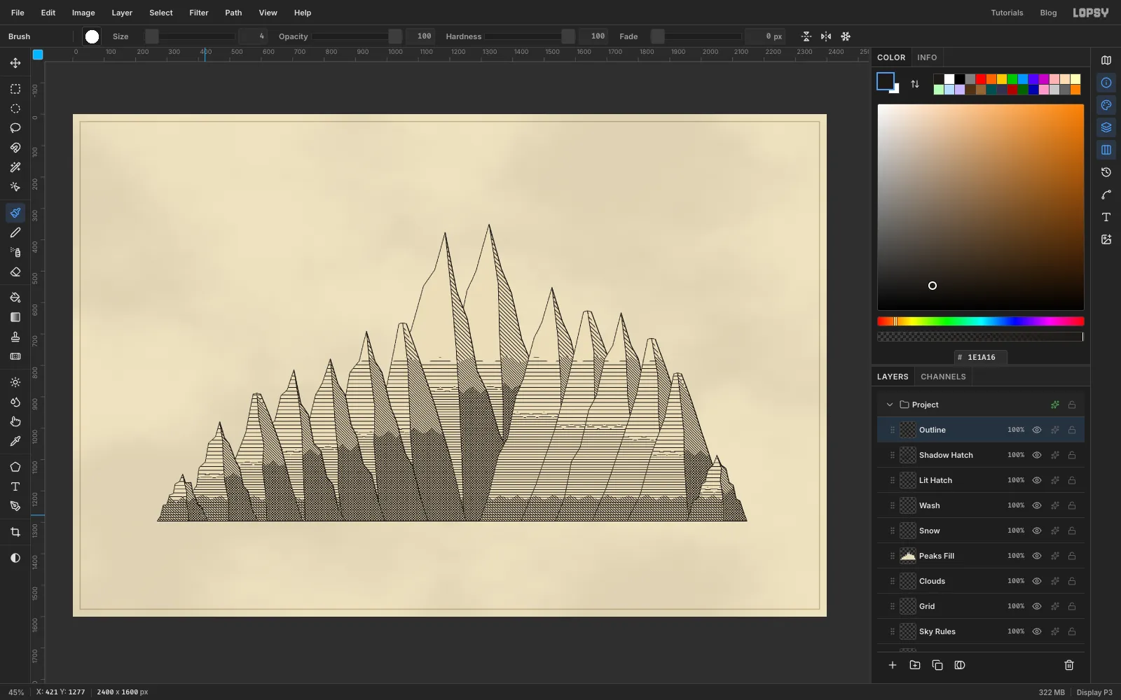 The full engraved range of fifteen peaks on blank paper, the Eastern peaks rising from left to right towards Everest and the Western peaks falling away to the right from Aconcagua