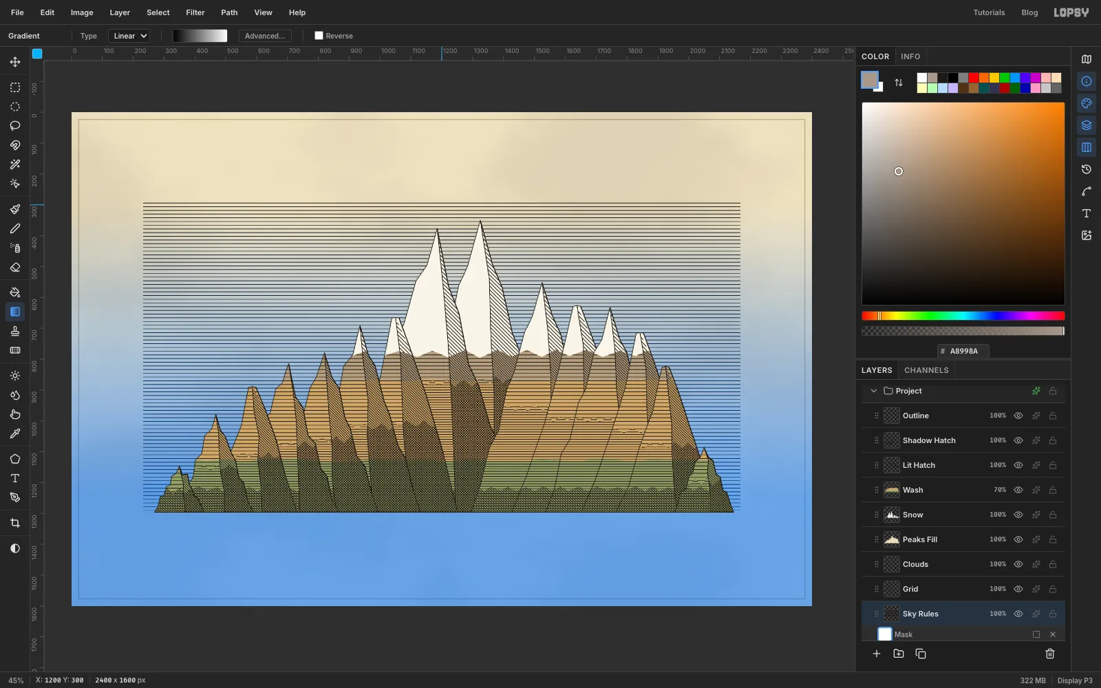 The ruled sky with its layer mask being edited: a translucent blue overlay shows the mask getting darker towards the horizon
