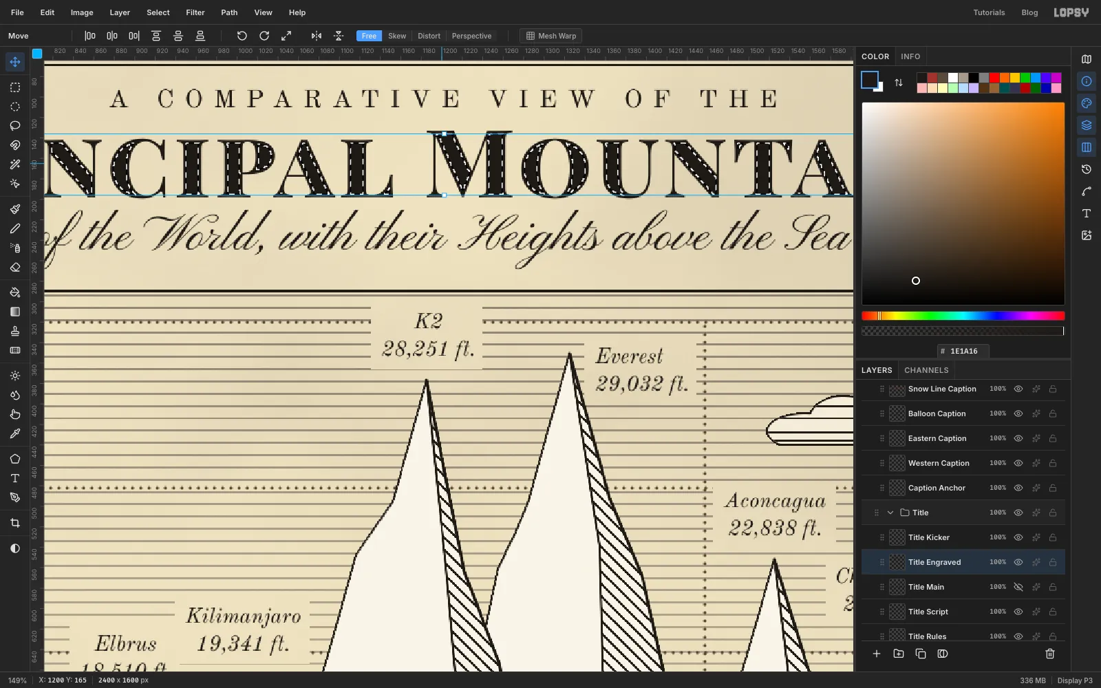 A close-up of the title capitals with marching ants running just inside every letter outline, after Select Shrink by 3 pixels