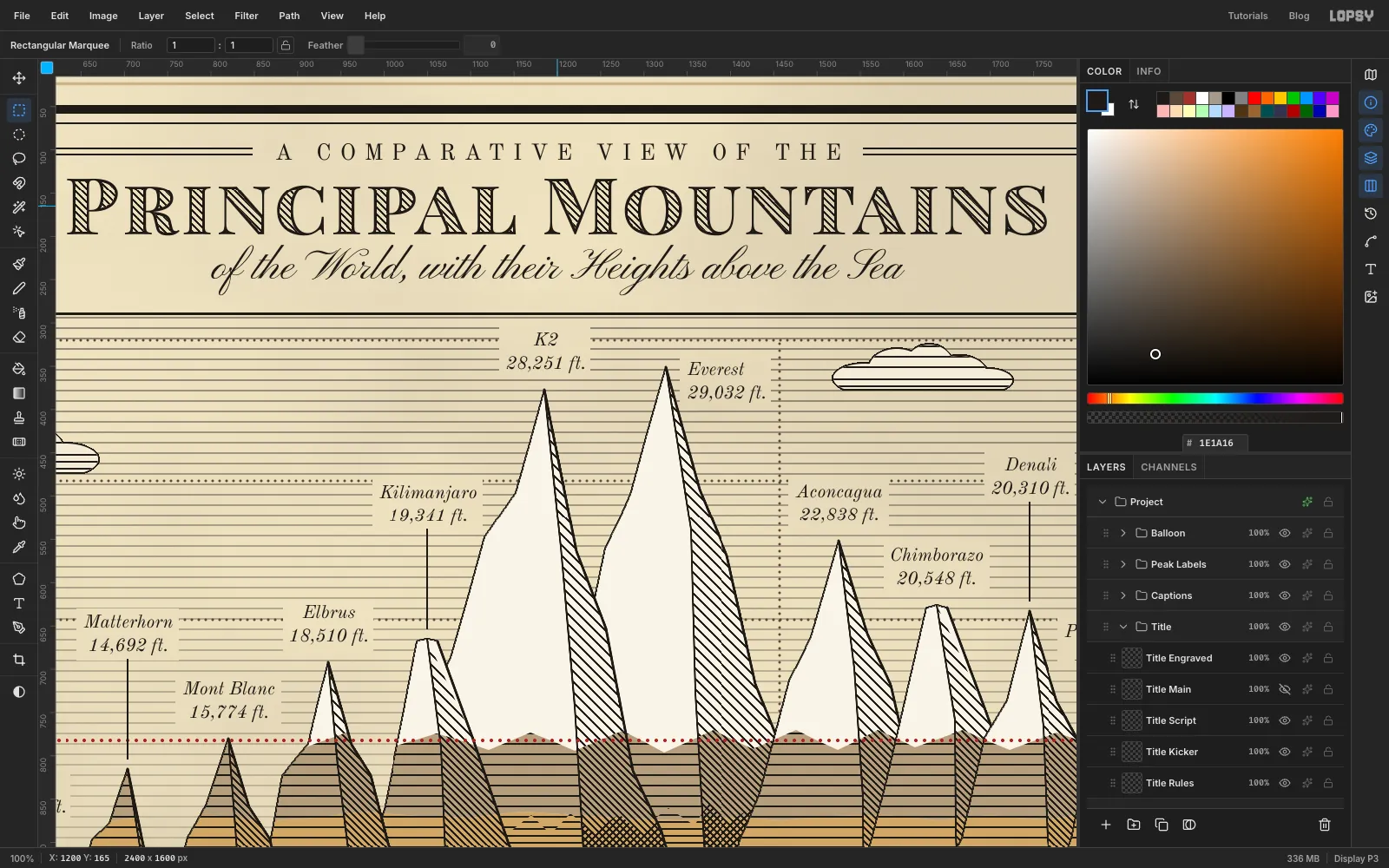 A close-up of the finished title: PRINCIPAL MOUNTAINS in outlined capitals filled with fine diagonal hatching, between the kicker with its double rules above and the script subtitle below