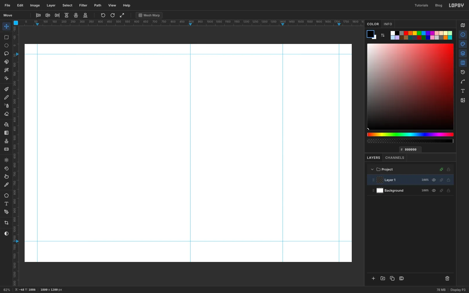 A new 1800 by 1200 document with four vertical and two horizontal blue guides