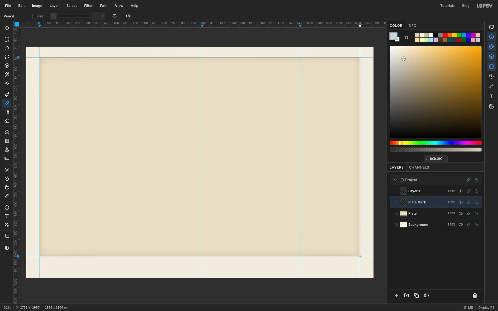 A tan plate rectangle inside the paper margin, darker towards its edges, with a thin pressed edge
