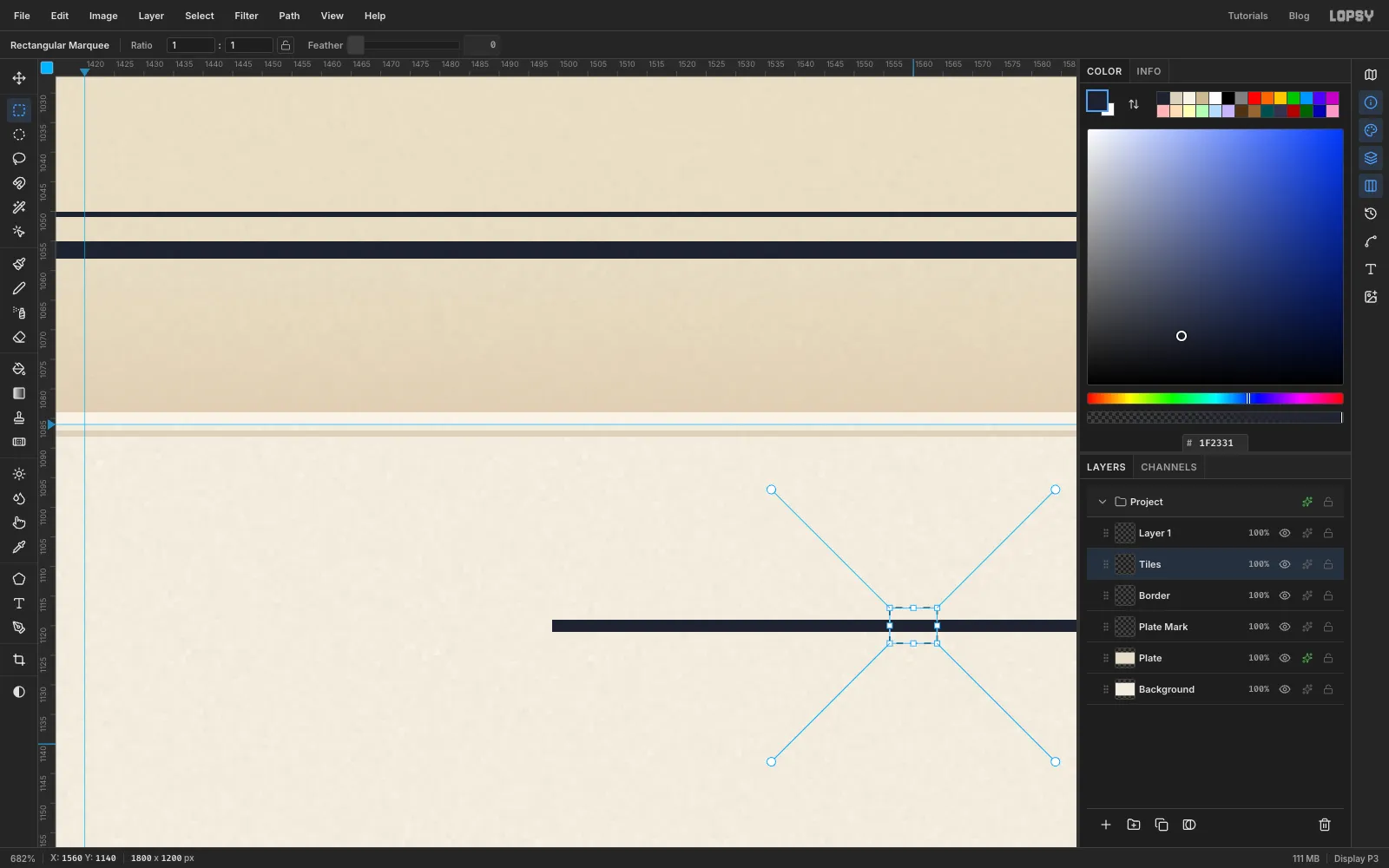 Zoomed in on a single pencil line with a tiny 8 by 6 marquee around part of it