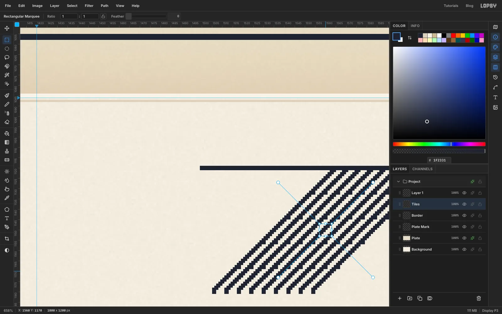 Zoomed in on nine parallel 45-degree pencil lines with a 6 by 6 marquee in the middle of them