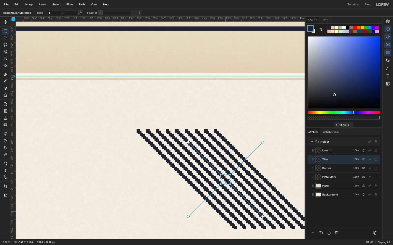 Zoomed in on nine parallel lines leaning the other way, with a 6 by 6 marquee in the middle