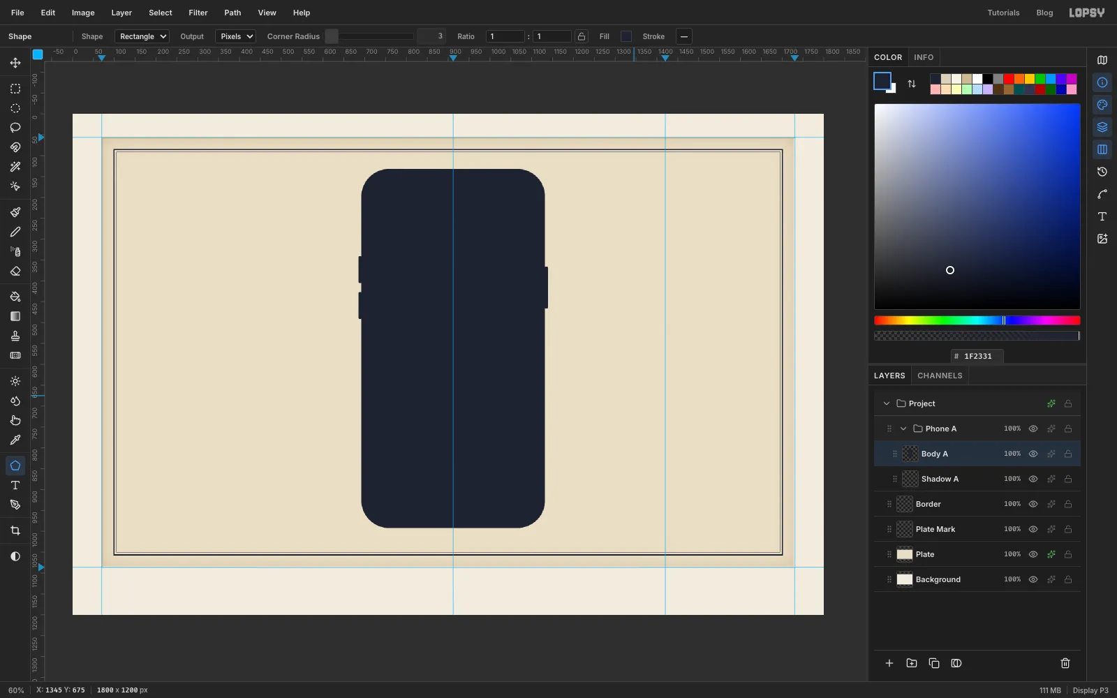 A solid ink phone body with three side buttons in the middle of the plate
