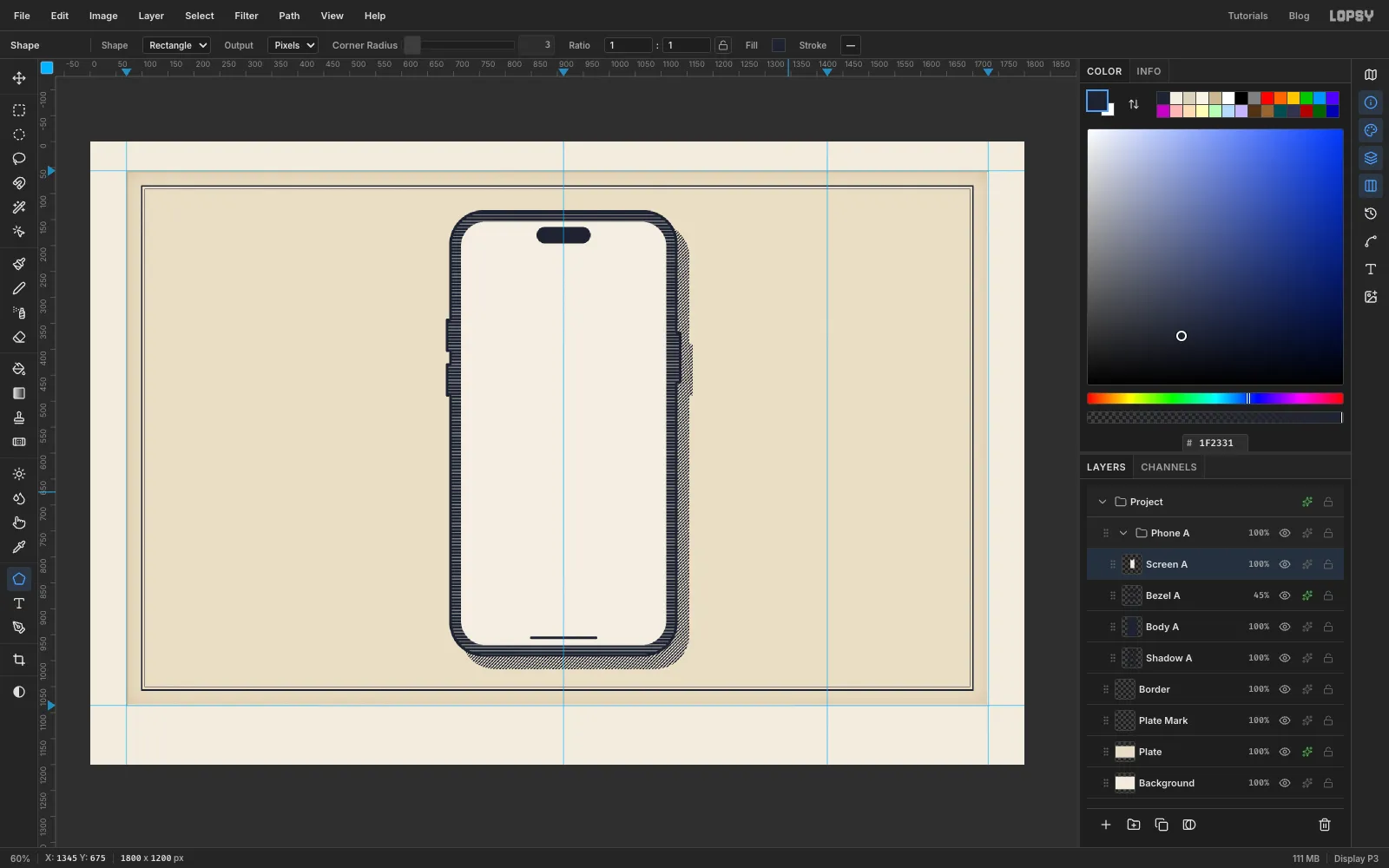 The first phone with ruled lines across its dark bezel, a cream screen, a camera island and a home bar, over its hatched shadow