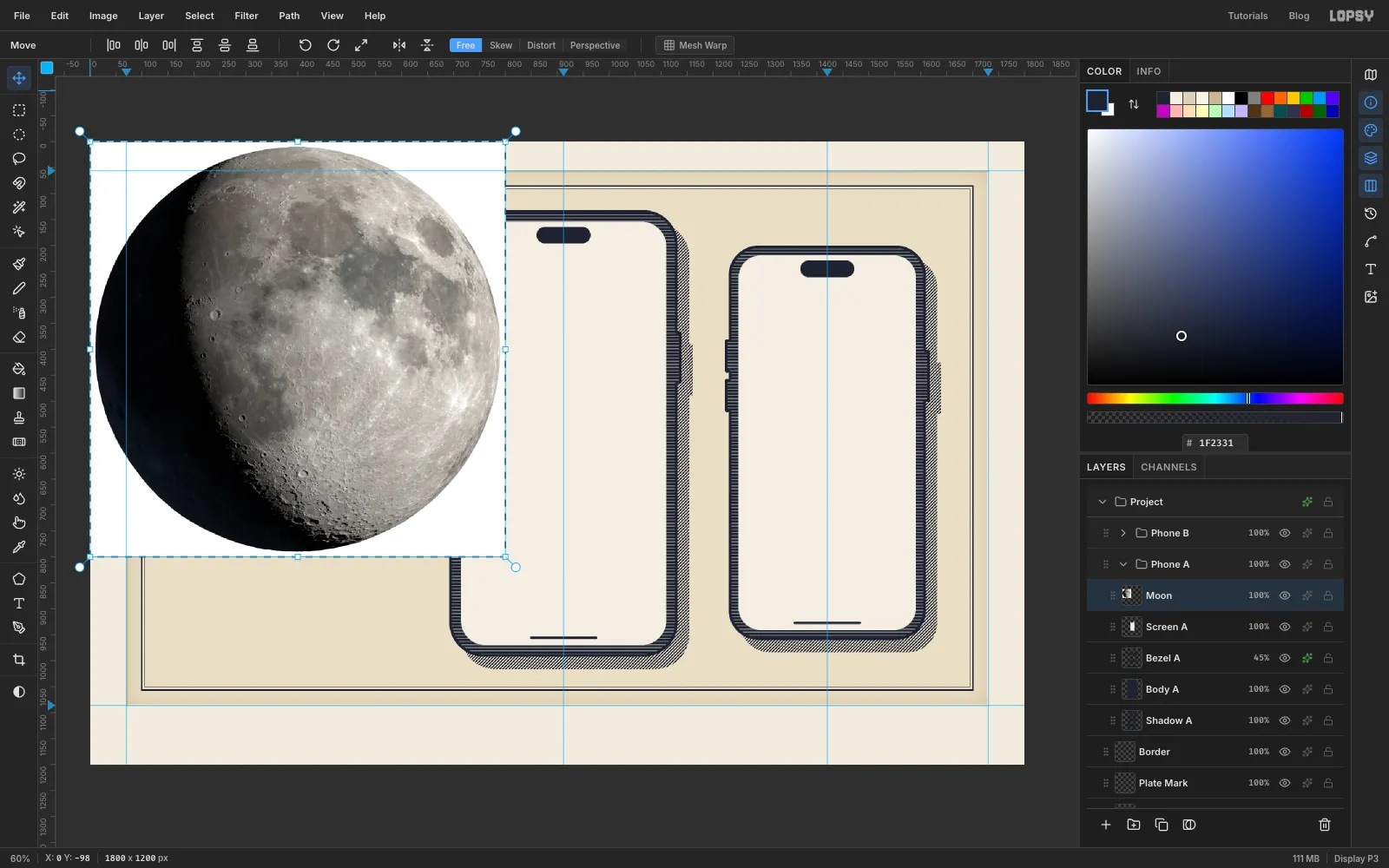 The NASA moon photo dropped onto the top-left corner of the canvas, selected, with the phones behind it