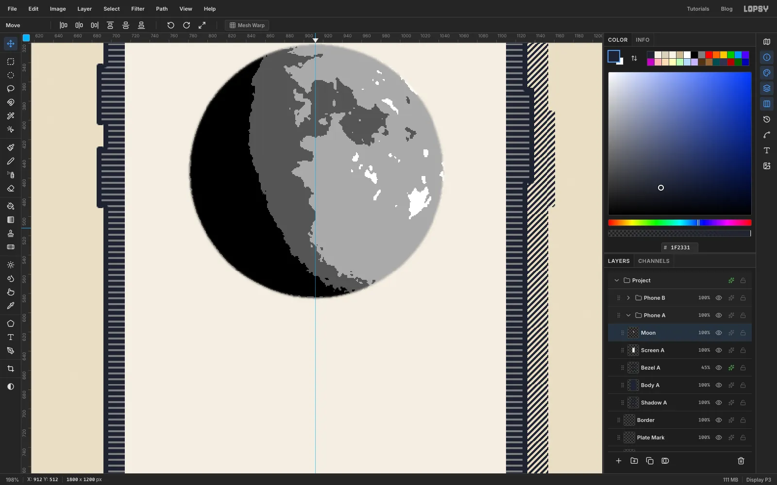 Zoomed in on the moon reduced to four flat tones: black shadow, dark grey seas, light grey highlands and a few white spots