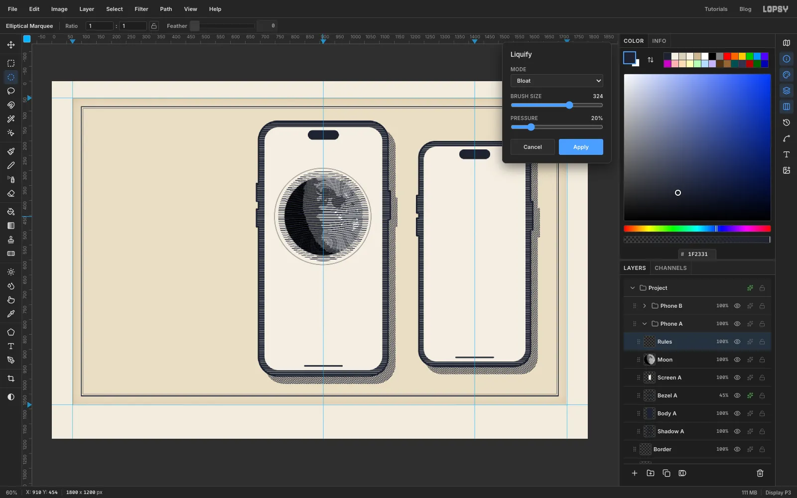 The Liquify panel set to Bloat over horizontal rules covering the moon