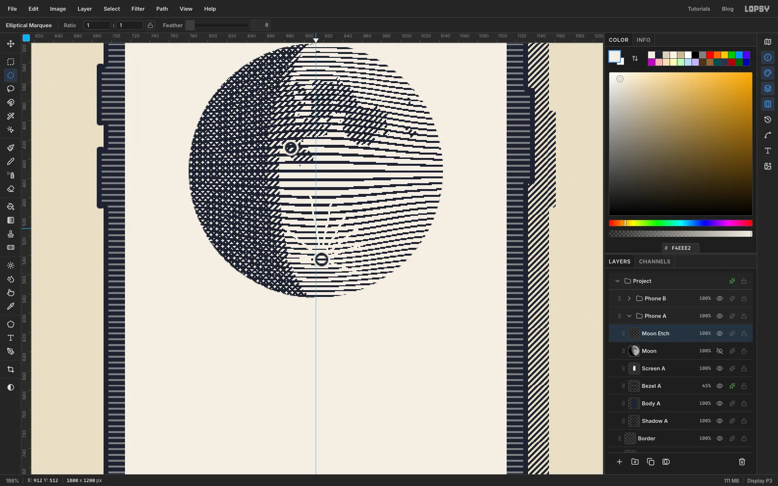 The finished engraved moon on the screen: curved rules, cross-hatched shadow, hatched seas and Tycho's rays