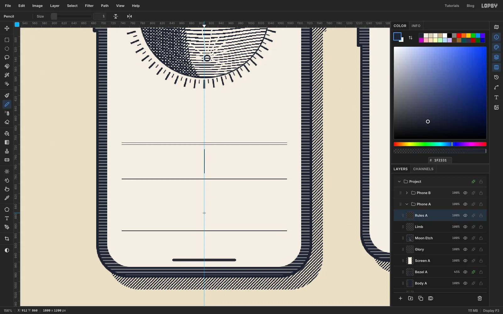 Phone A's lower screen with a double rule, a single rule, a short vertical divider and a rule above the tab bar