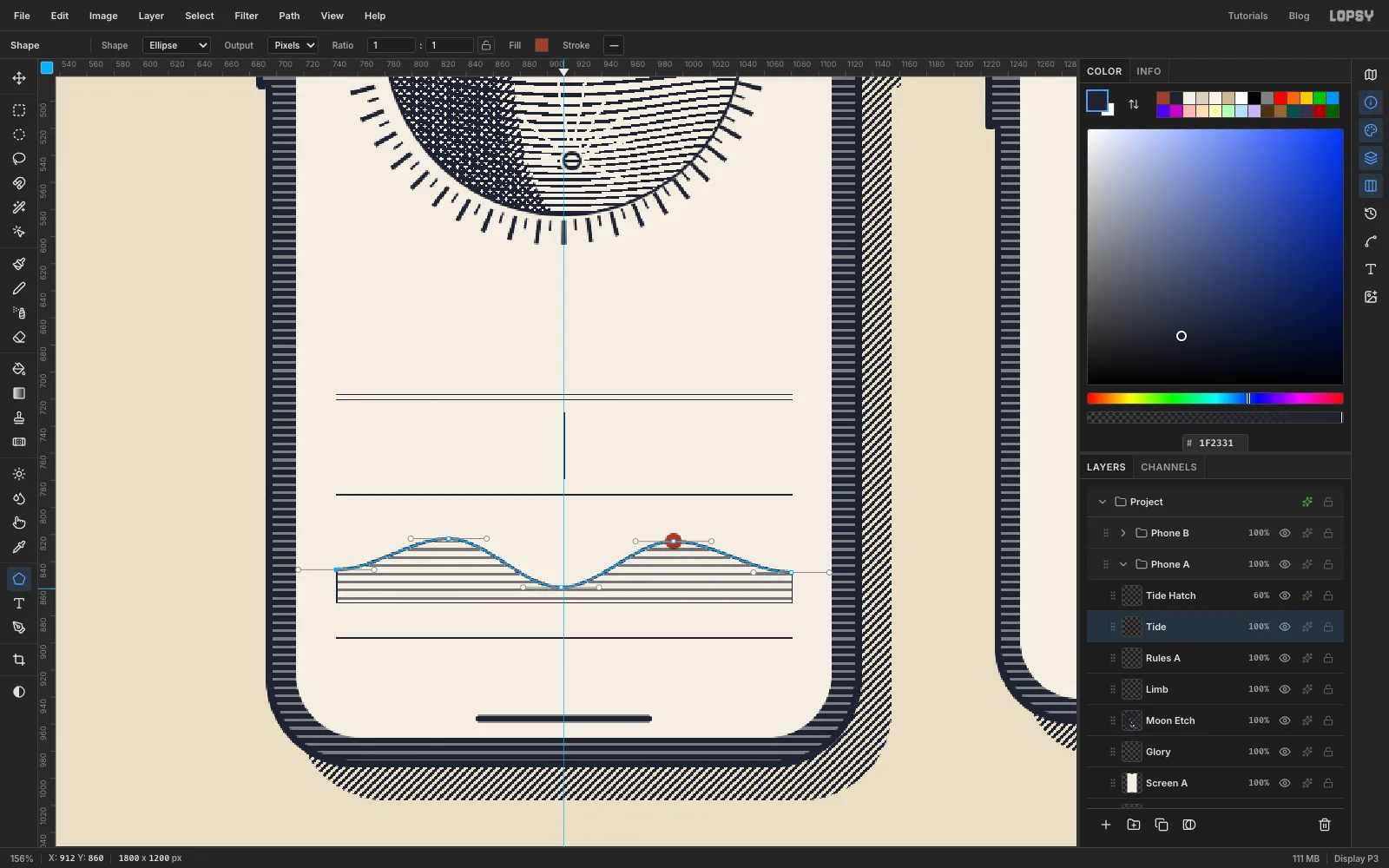 A smooth wave stroked across the lower screen, with ruled hatching below it and a red dot on the second crest