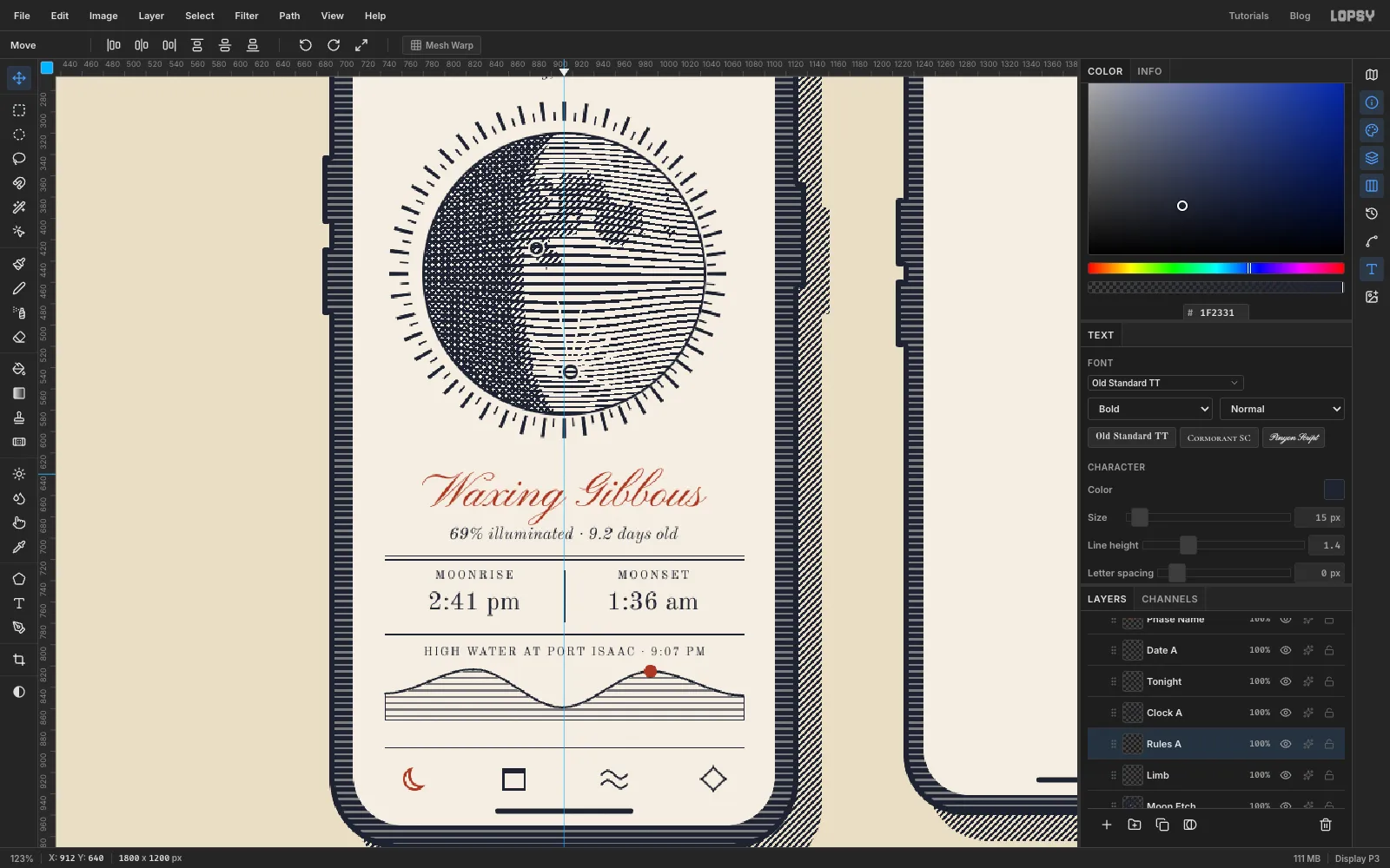The finished first screen: Tonight, the date, the moon in its rays, Waxing Gibbous in red script, illumination, rise and set times, the tide label and chart