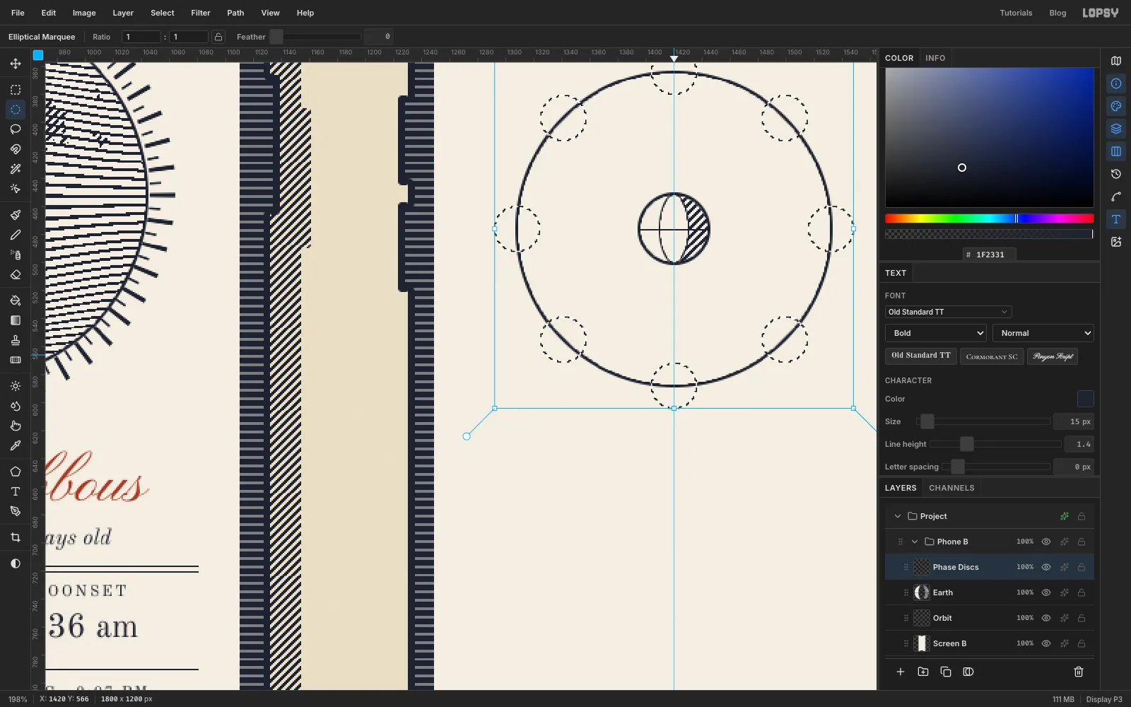 Eight circular marquees around the orbit, added together into one selection