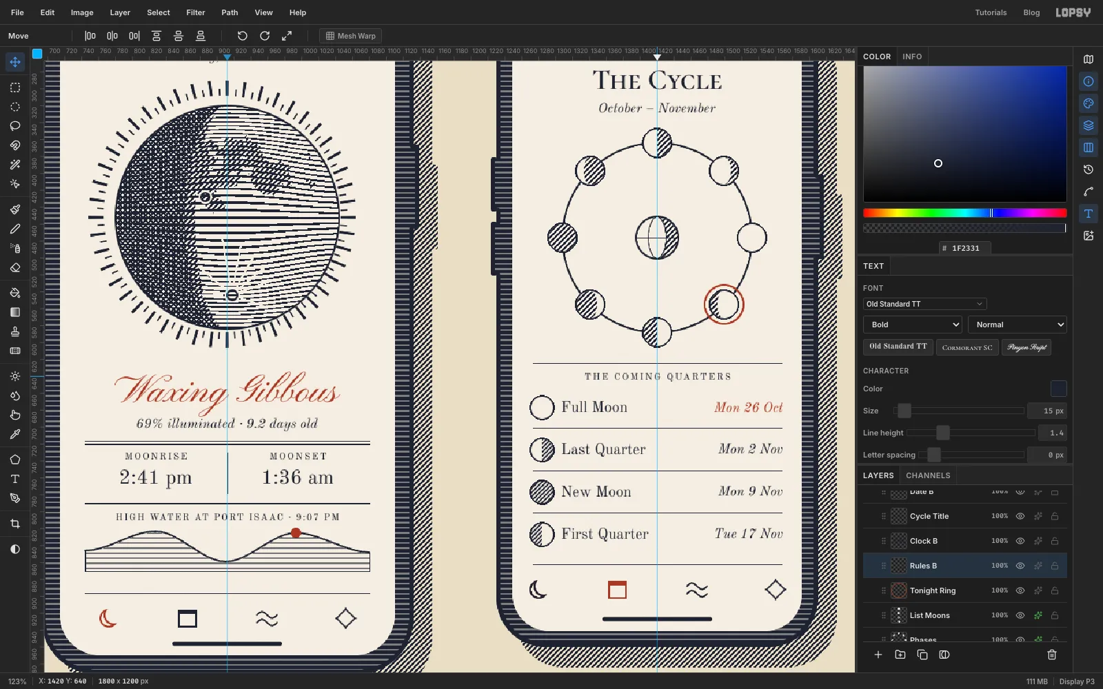 Both phones side by side: The Cycle with its dial and a list of Full Moon, Last Quarter, New Moon and First Quarter with dates
