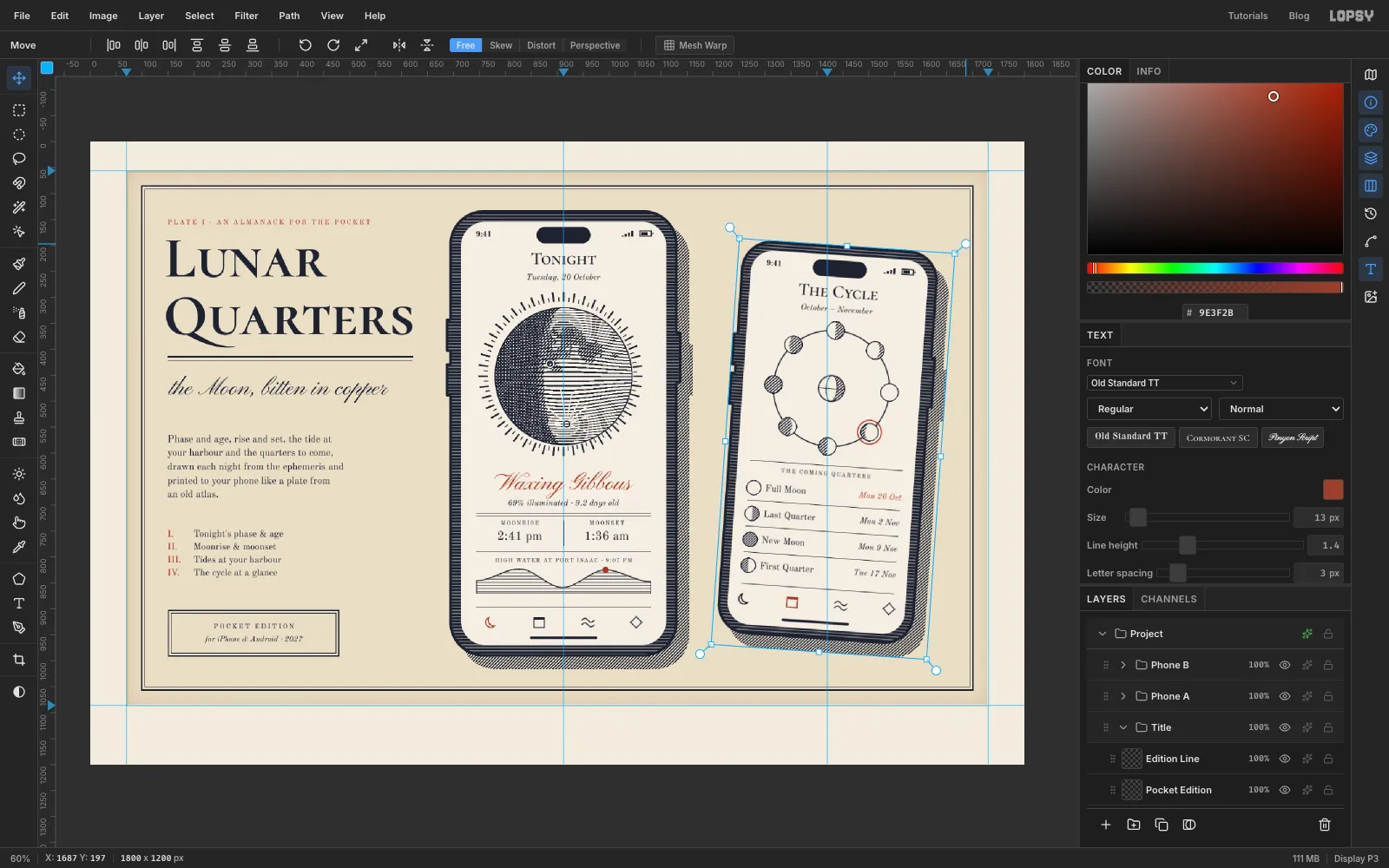 The Phone B group being rotated with the Move tool's rotation handle, with the transform box around the whole phone