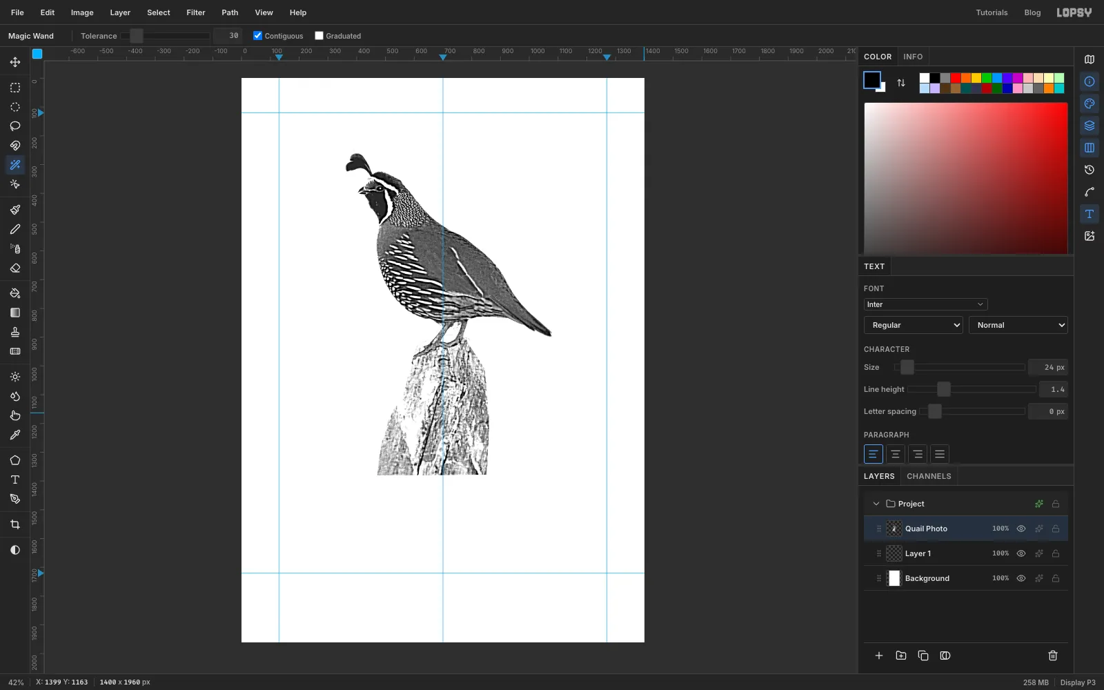 The cut-out quail in black and white with its breast and back lifted to a mid grey