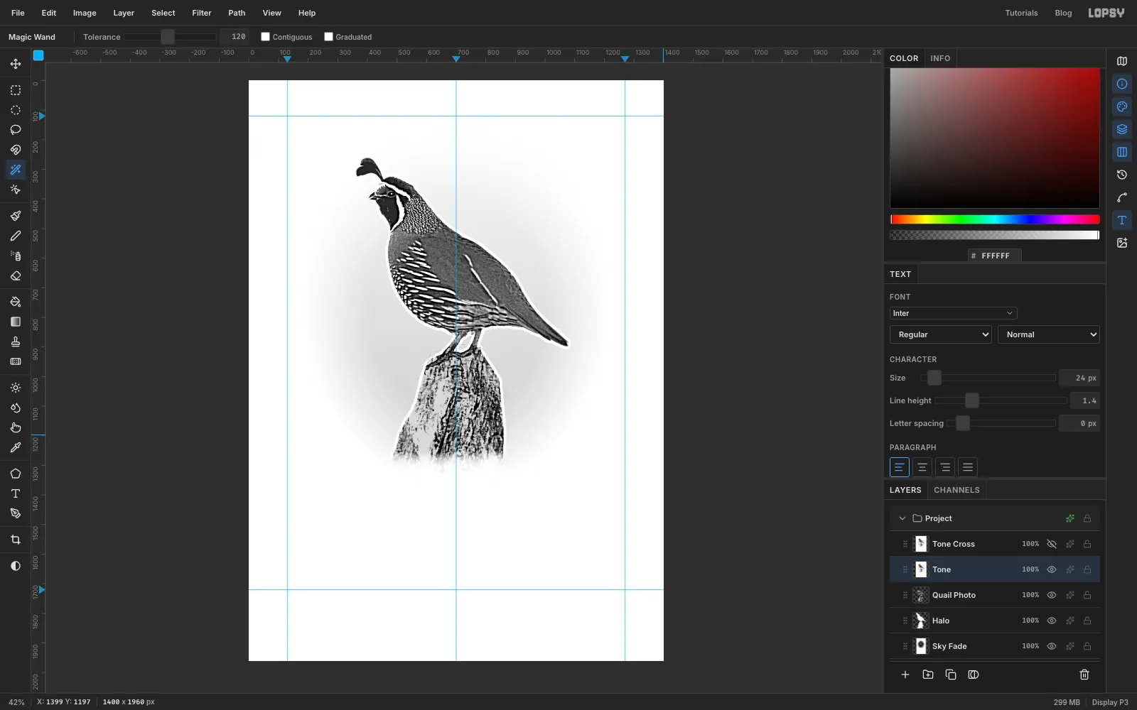 A single grey tone layer: the bird and post over a soft oval of grey sky