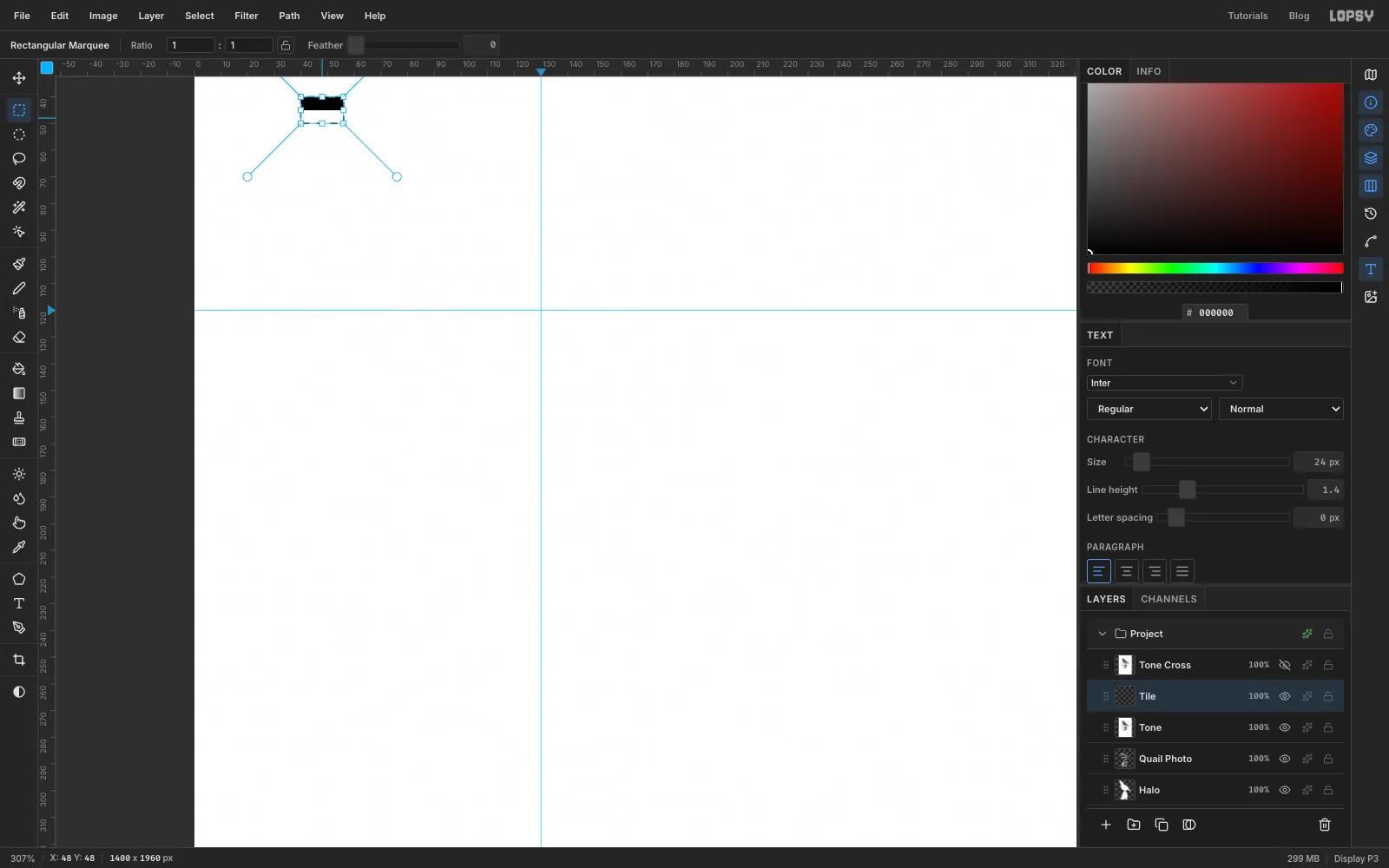 A tiny black bar at the top-left of the page, zoomed in, with a marquee round it and the empty space beneath