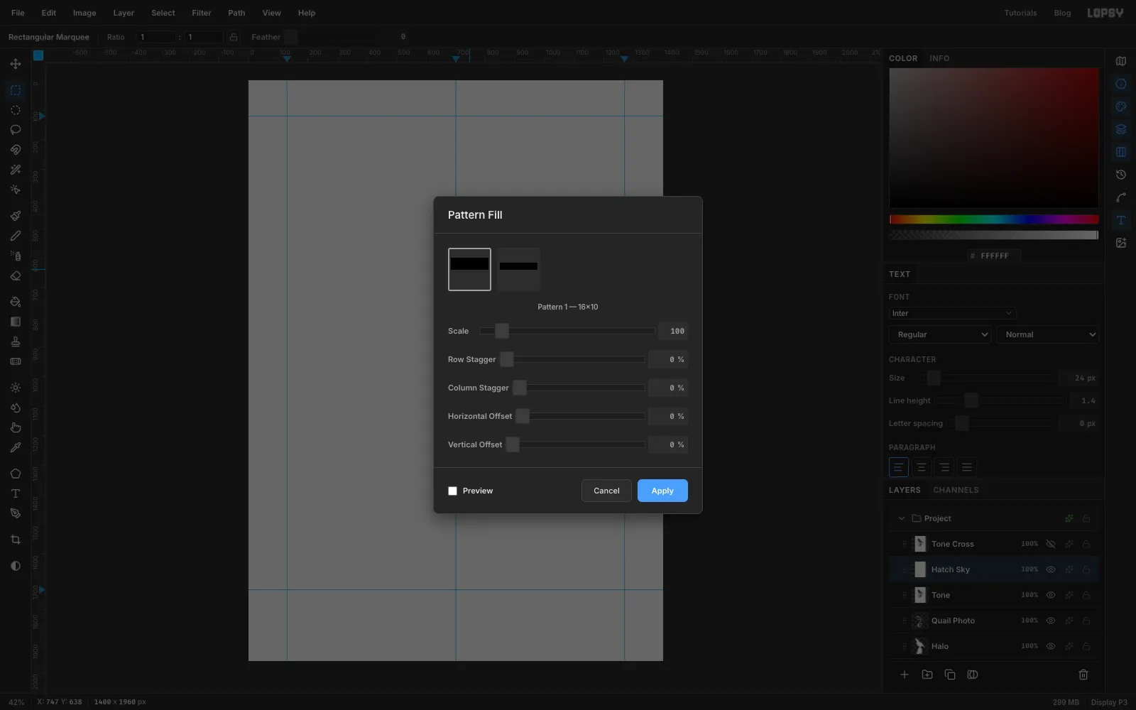 The Pattern Fill dialog with the 16 by 10 stripe tile selected