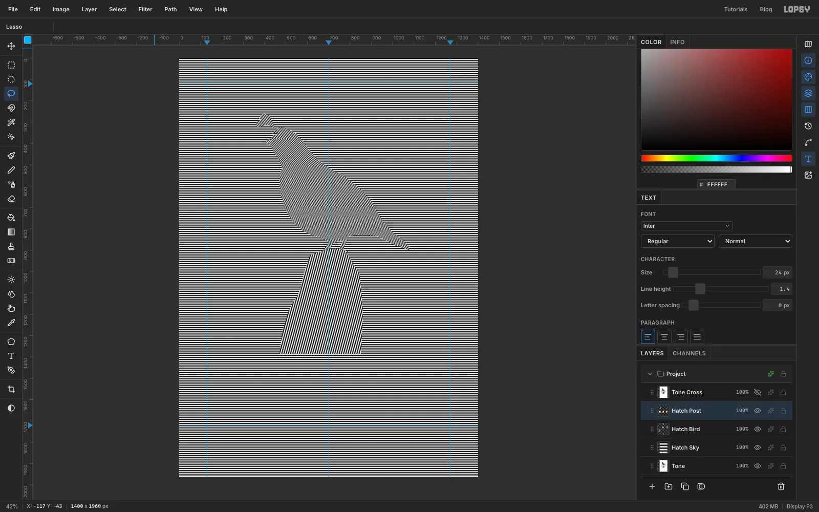 The three stripe layers trimmed: flat rules in the sky, diagonal lines in the bird and near-vertical lines in the post