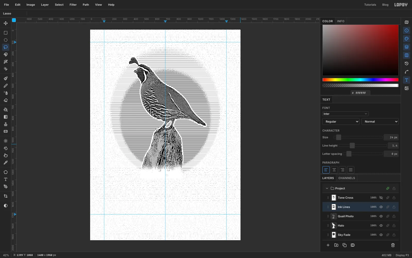 The engraving appearing after Threshold: crisp black lines that are thick in the dark feathers and thin in the light sky