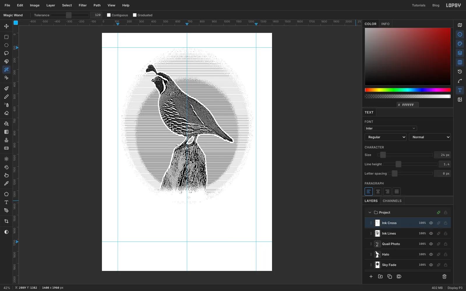 A second set of crossing lines added only in the darkest parts of the bird