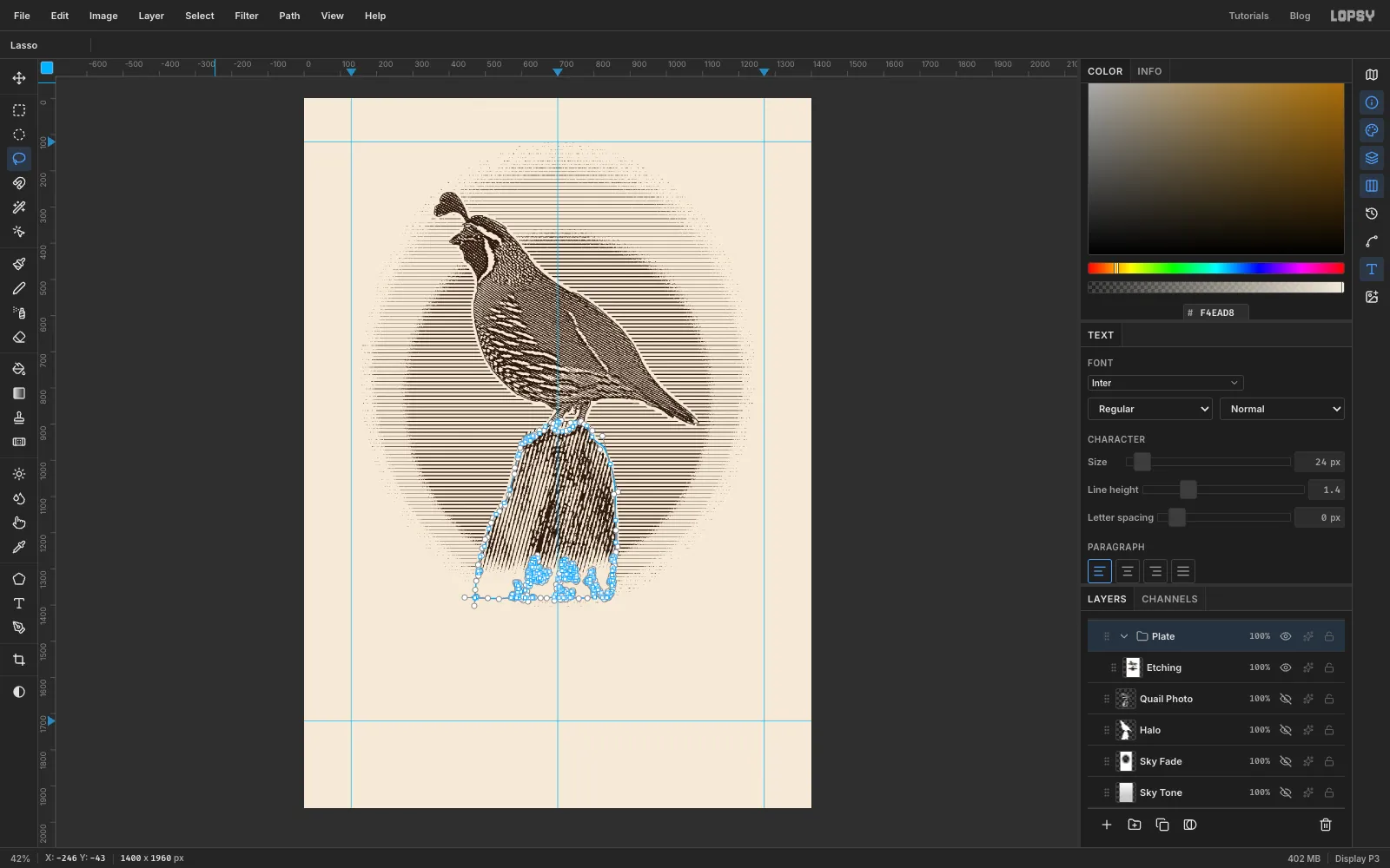 The engraving in warm dark-brown ink on a cream page, with the photo and helper layers hidden
