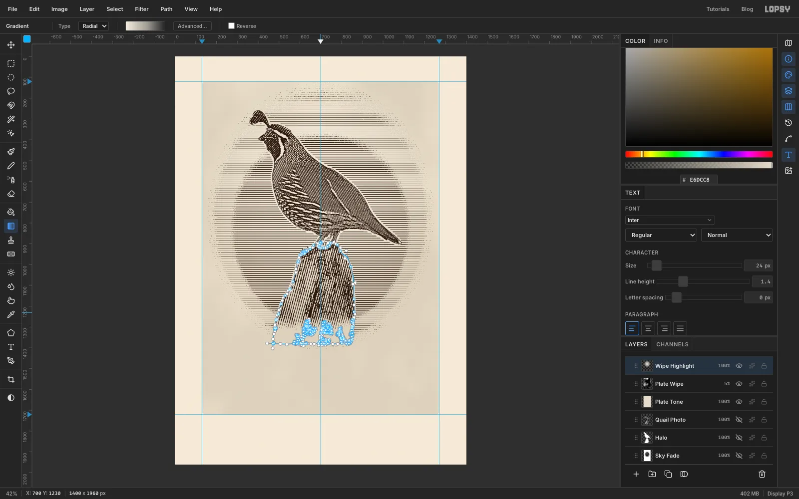 The plate area tinted a slightly darker cream with a soft lighter patch behind the bird