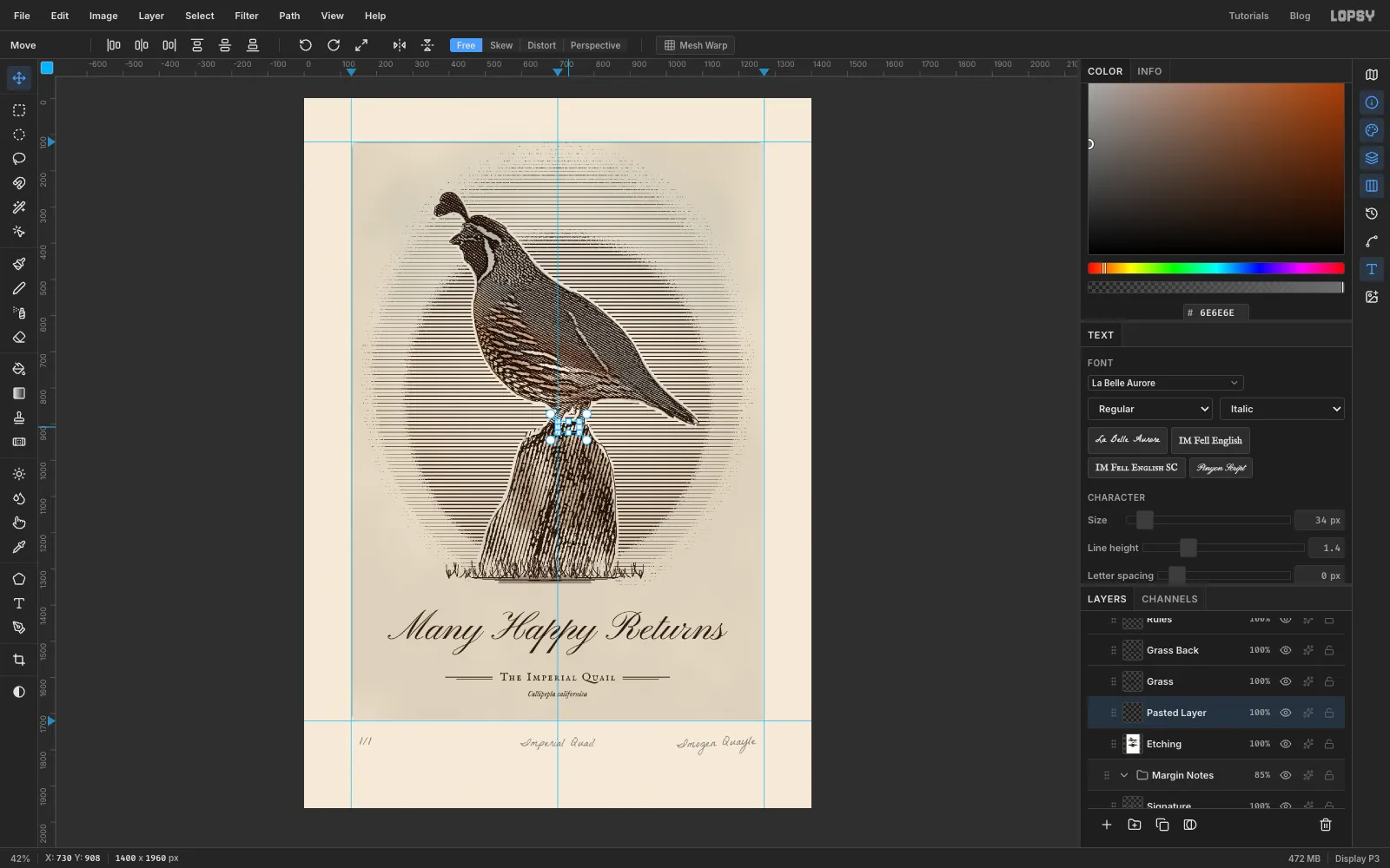 A small patch of post engraving copied and pasted, moved up to fill the pale gap between the bird's feet