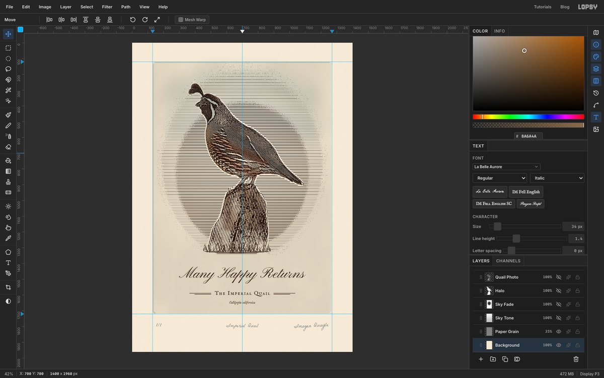 Lopsy editing the finished Imperial Quail birthday card. A sepia line-engraved California quail stands on a weathered post inside an oval of ruled lines on a cream plate, with Many Happy Returns in copperplate script below and pencil notes in the margin