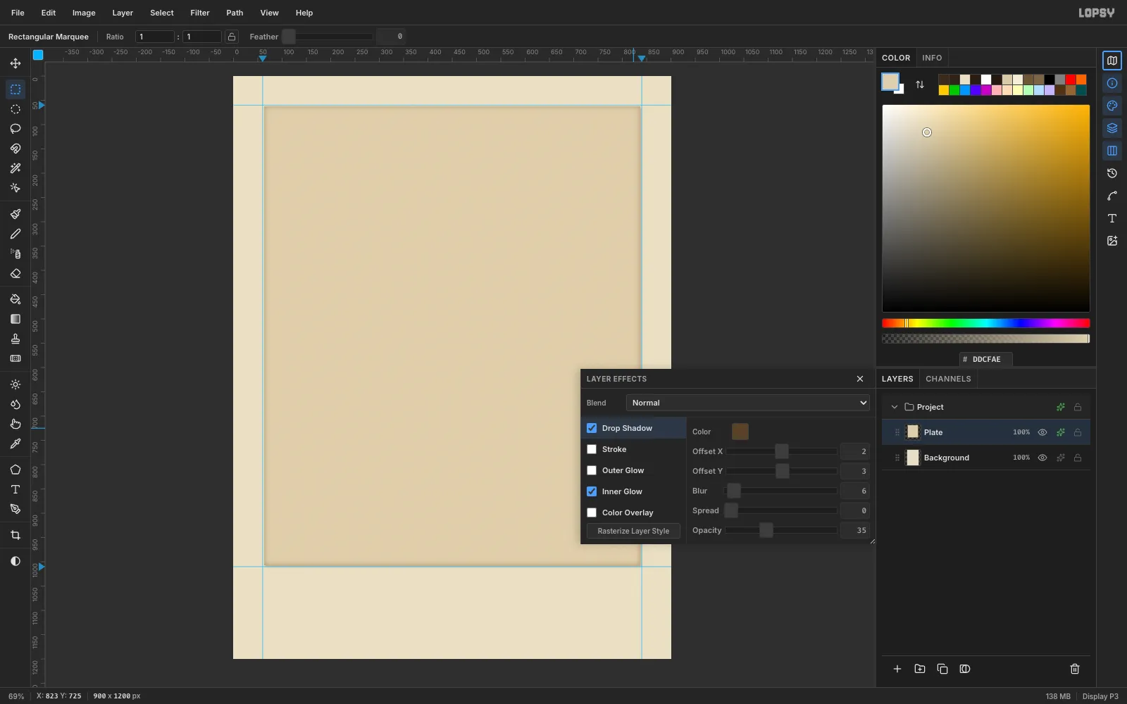 A 900 by 1200 cream canvas with a slightly darker plate rectangle inset from guides at 60 px from each edge
