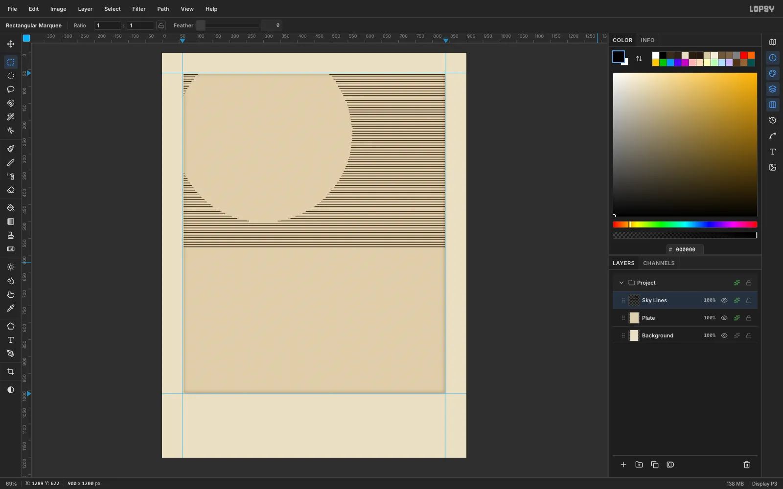 Crisp sepia sky lines that vanish around the moon and thicken toward the plate edges