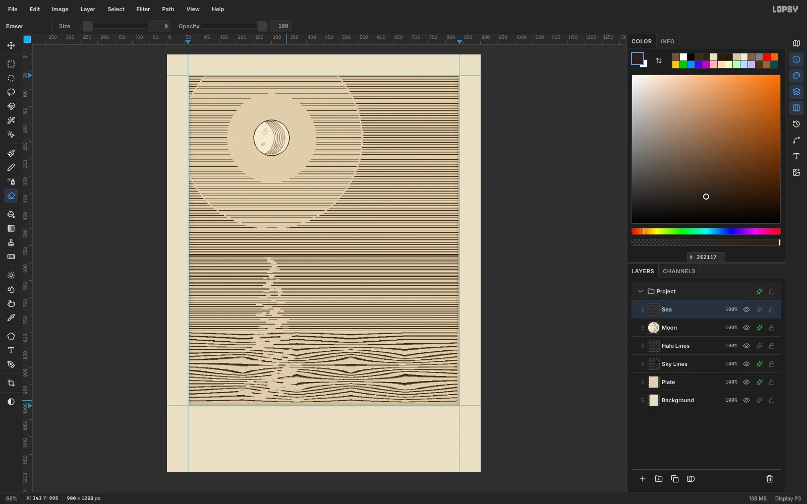 A single dark horizon rule with a broken, glittering moon path erased into the sea lines beneath the moon