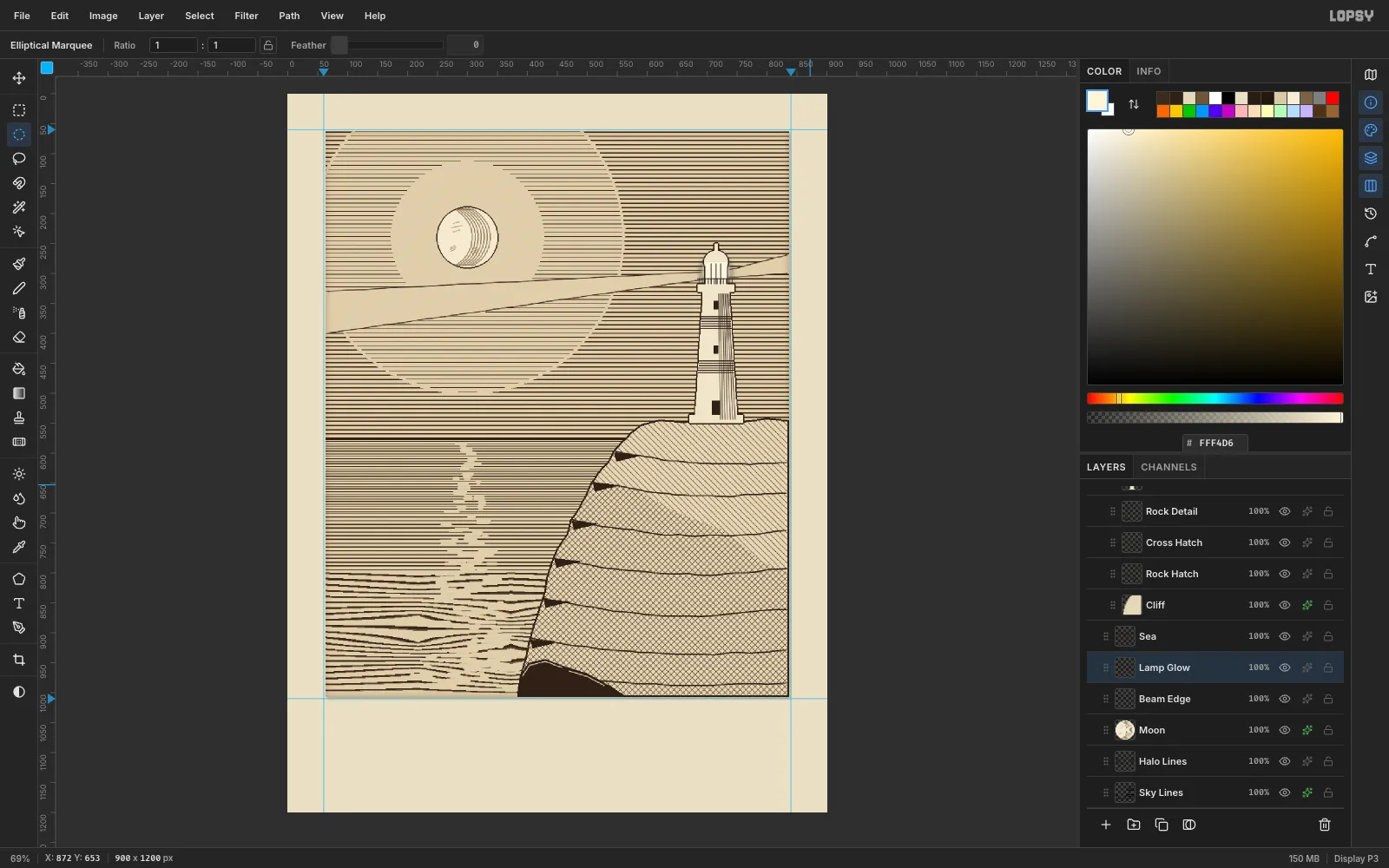 A tapered cream lighthouse with lantern mullions, a railing, two dark bands and hatched shading, sending a hard-edged wedge of light across the sky