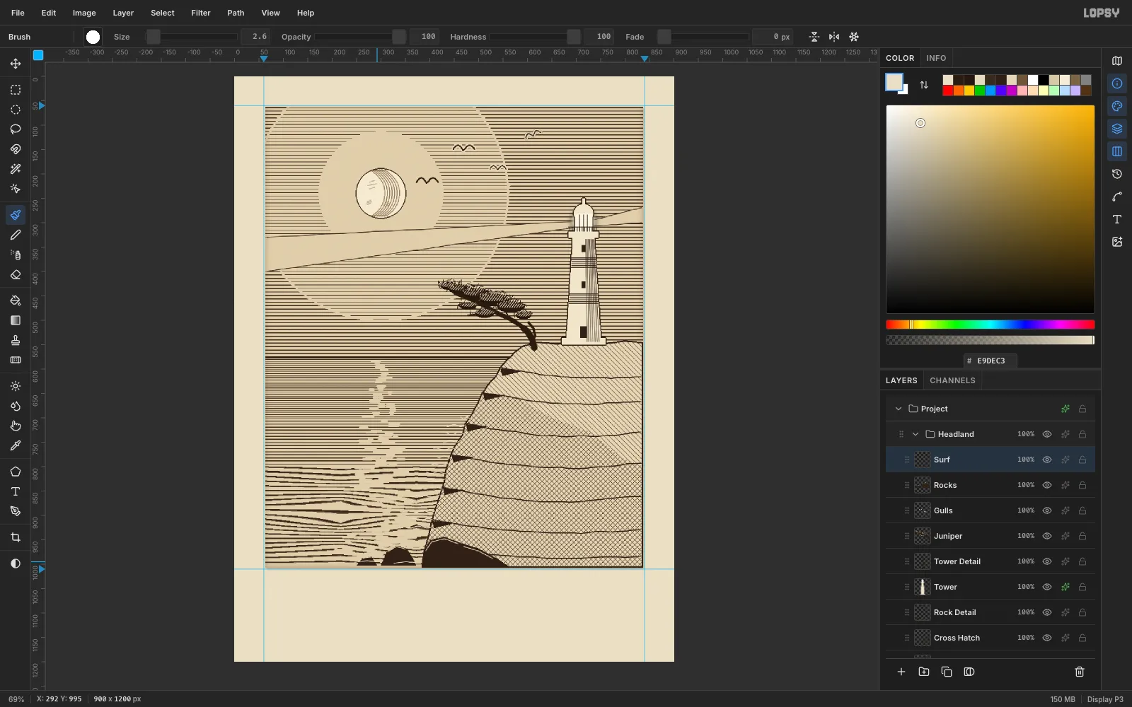 Two dark sea stacks at the waterline and short curling cream surf strokes along the foot of the cliff