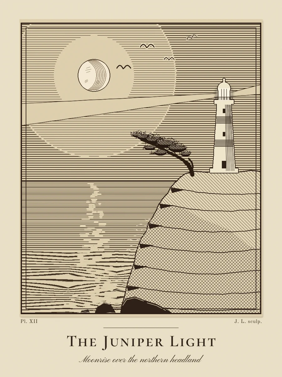 The finished etching of The Juniper Light, with a sepia lighthouse, cross-hatched cliff, juniper, hatched moon in ruled halo rings, and the copperplate caption