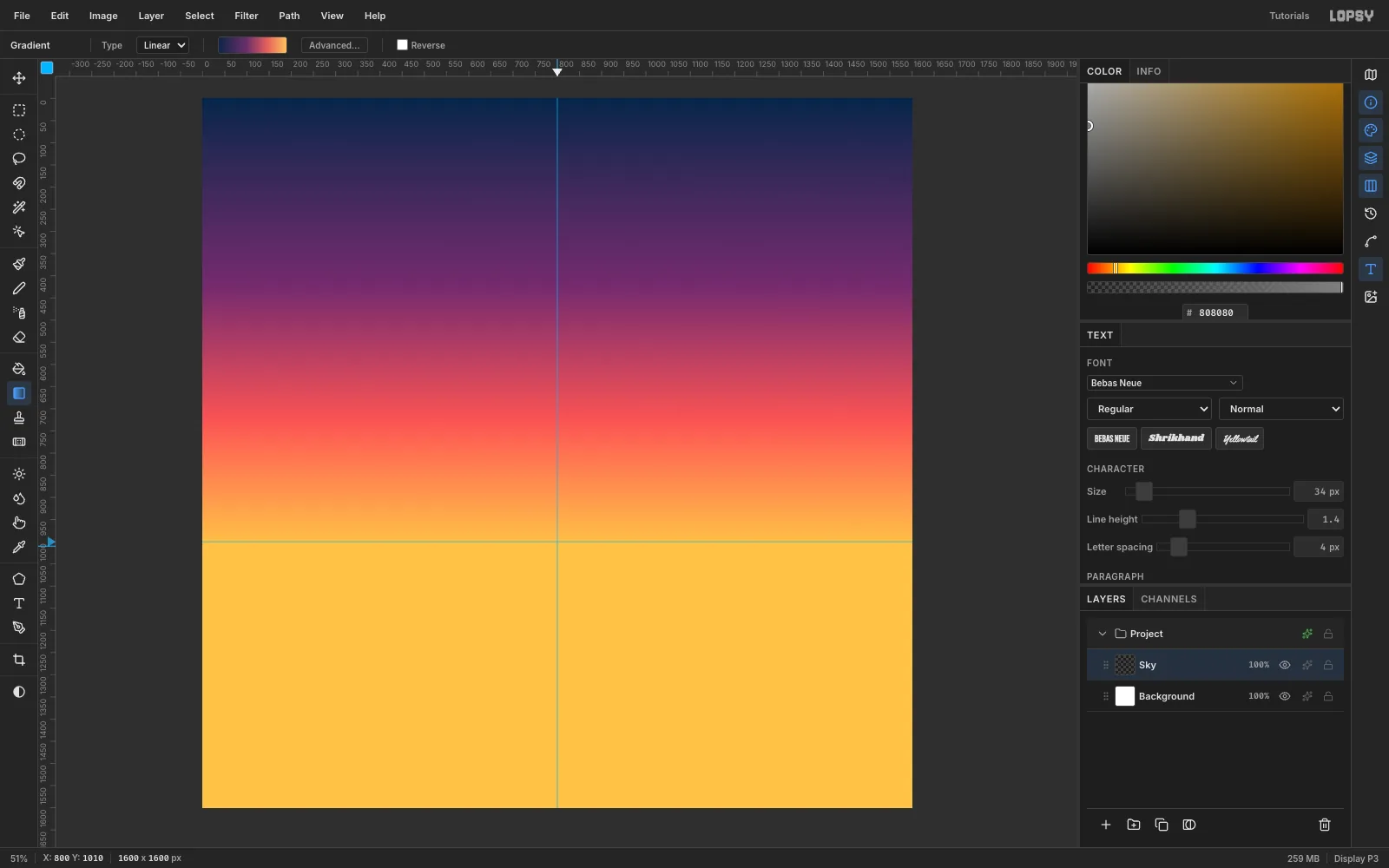A 1600 by 1600 document with a smooth navy, plum, coral and gold sky gradient and blue guides at x 800 and y 1000