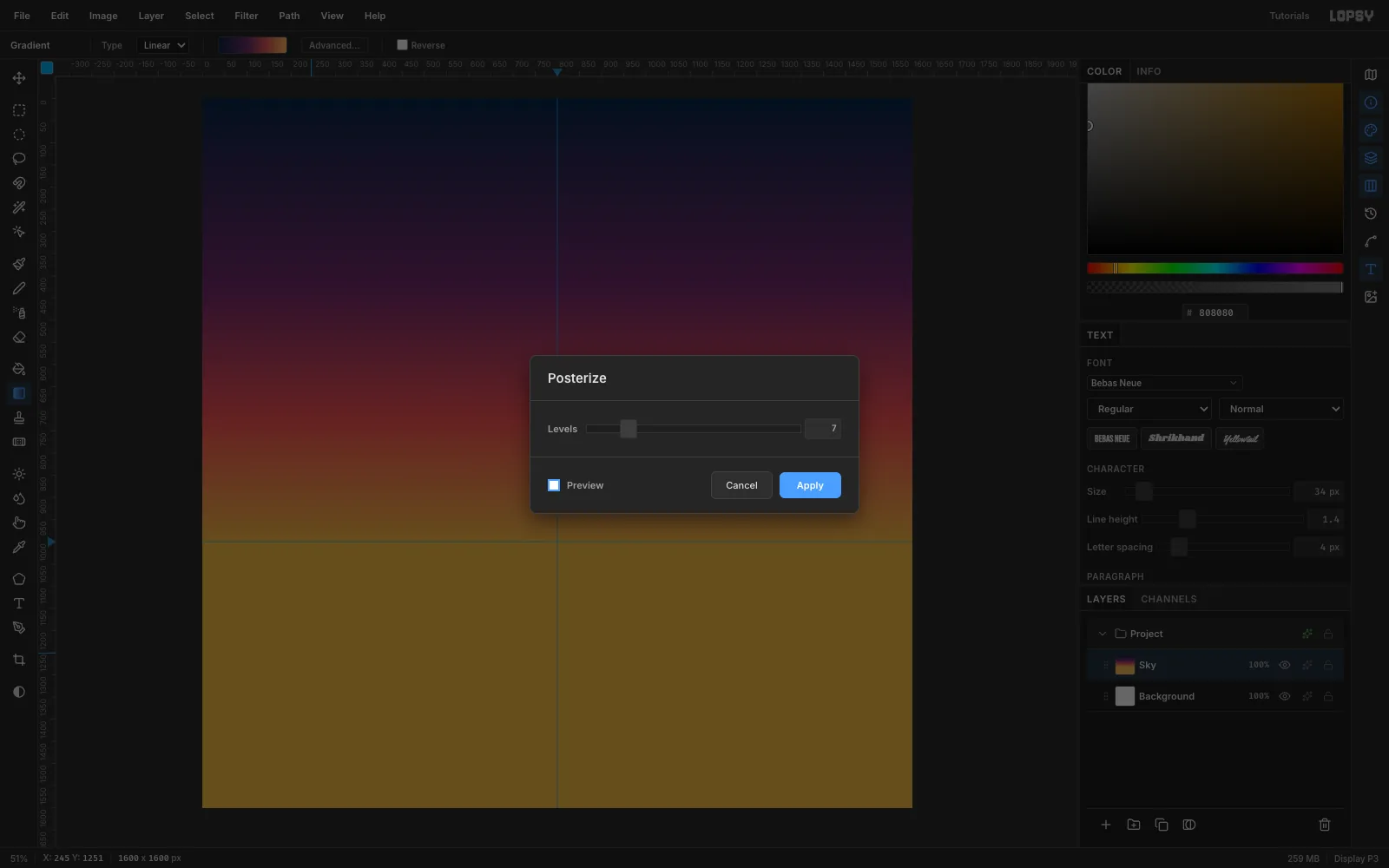 The Posterize dialog set to 7 levels, previewing the sky as flat horizontal bands of navy, plum, magenta, coral, orange and gold