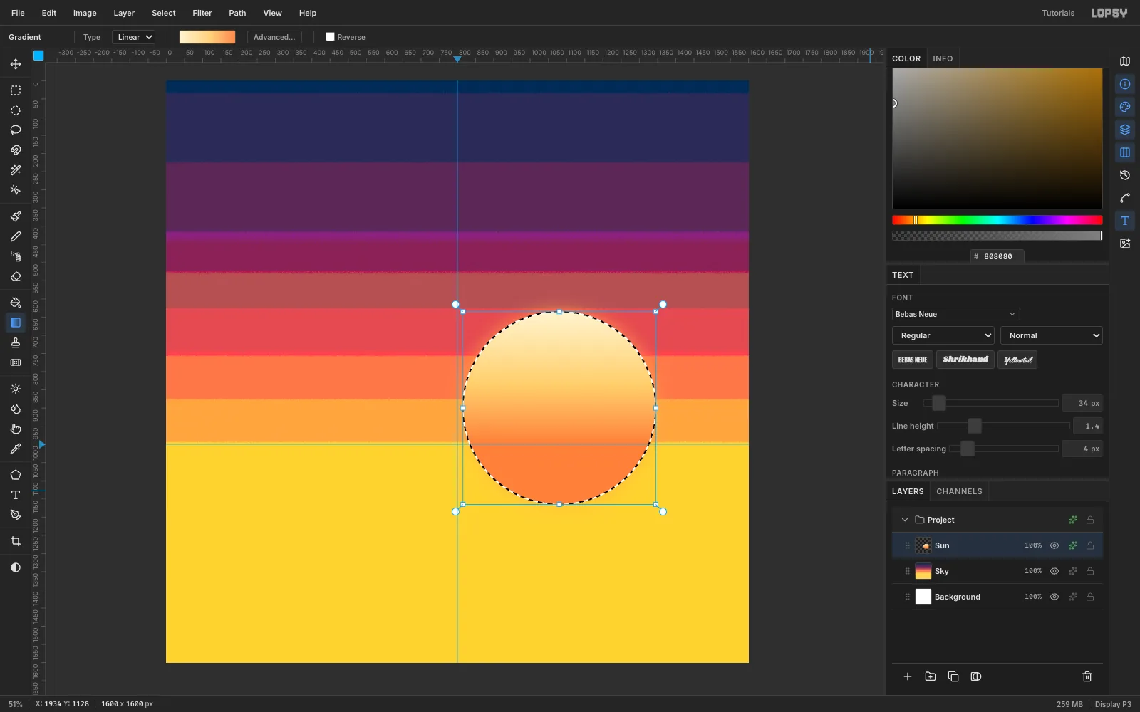 A large pale-yellow to orange sun disc sitting on the horizon guide, right of centre, with the elliptical marquee still active