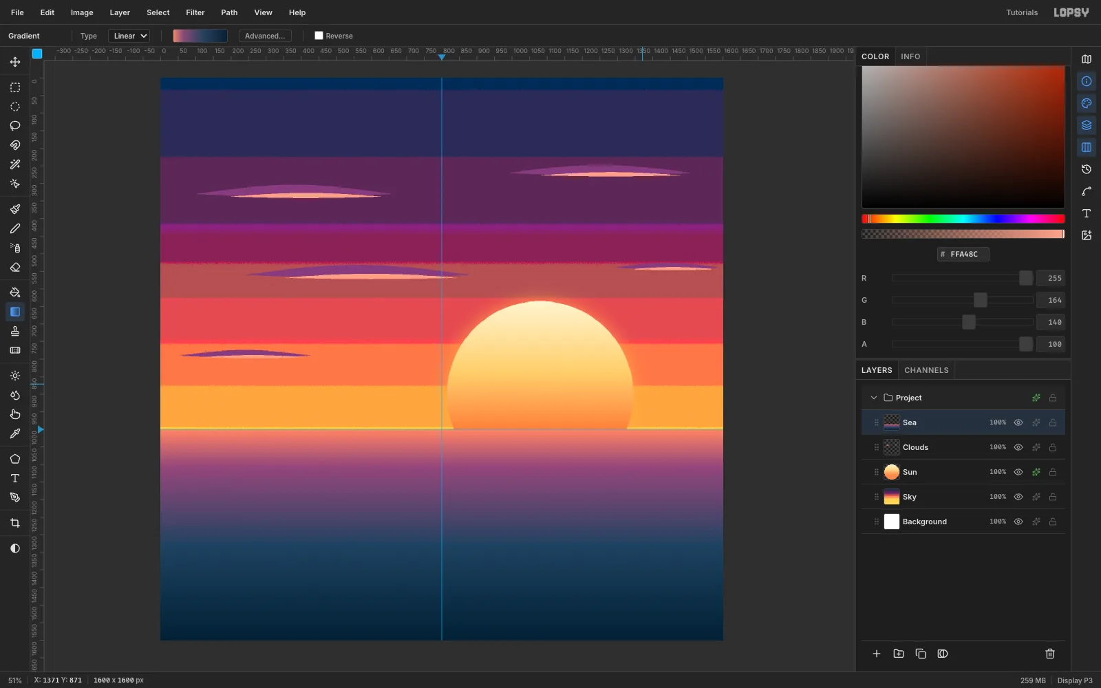A rectangle below the horizon filled with a sea gradient from coral at the horizon through plum to deep navy at the bottom