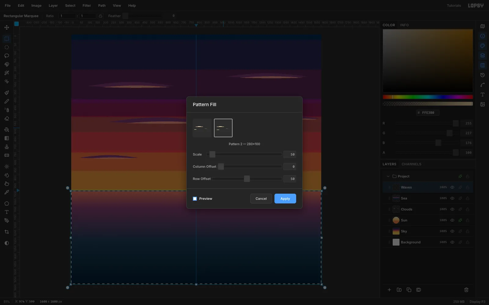 The Pattern Fill dialog with the new 280 by 100 wave tile selected, Scale 50 and Row Offset 50, over a marquee covering the sea