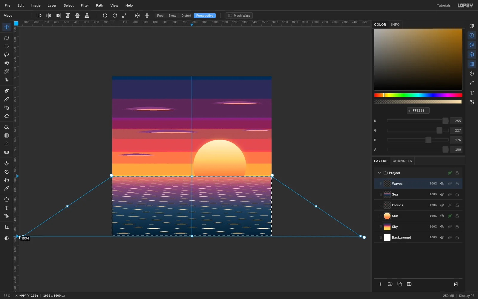The sea marquee being dragged into a trapezoid in Perspective mode, its bottom corners pulled far outside the canvas at 33% zoom
