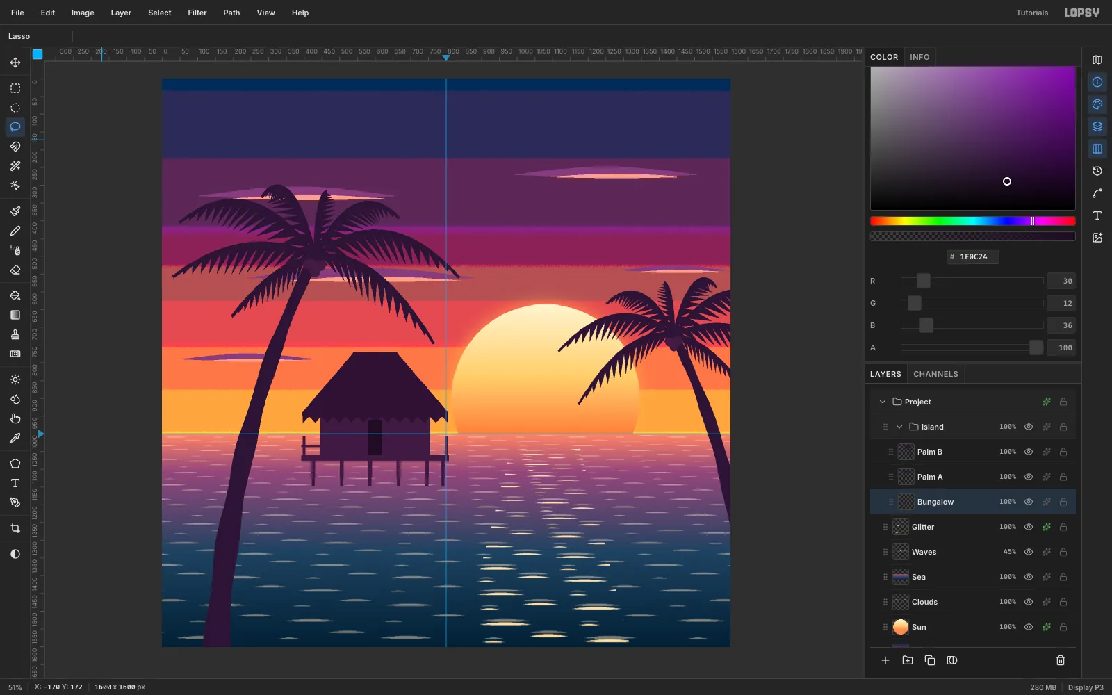 A plum stilt bungalow with a hip roof, zig-zag thatch fringe, a door, a railing and six stilts standing in the sea to the left of the sun