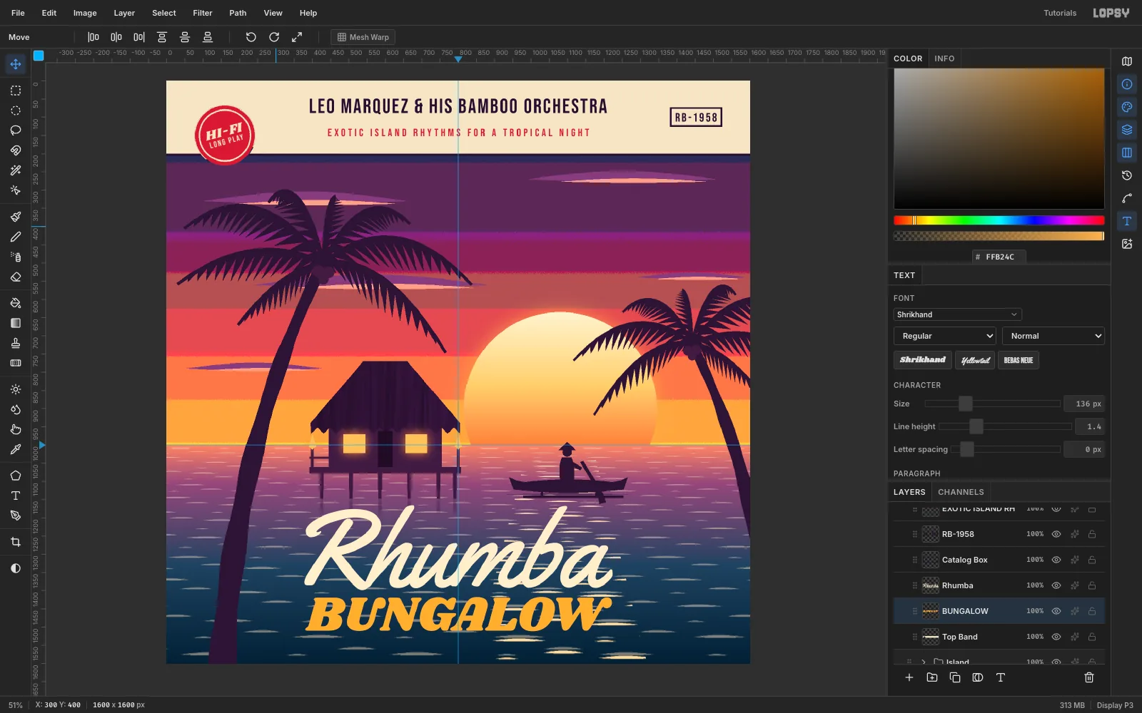Rhumba set in a large cream script above BUNGALOW in an orange slab, centred over the sea below the bungalow and canoe